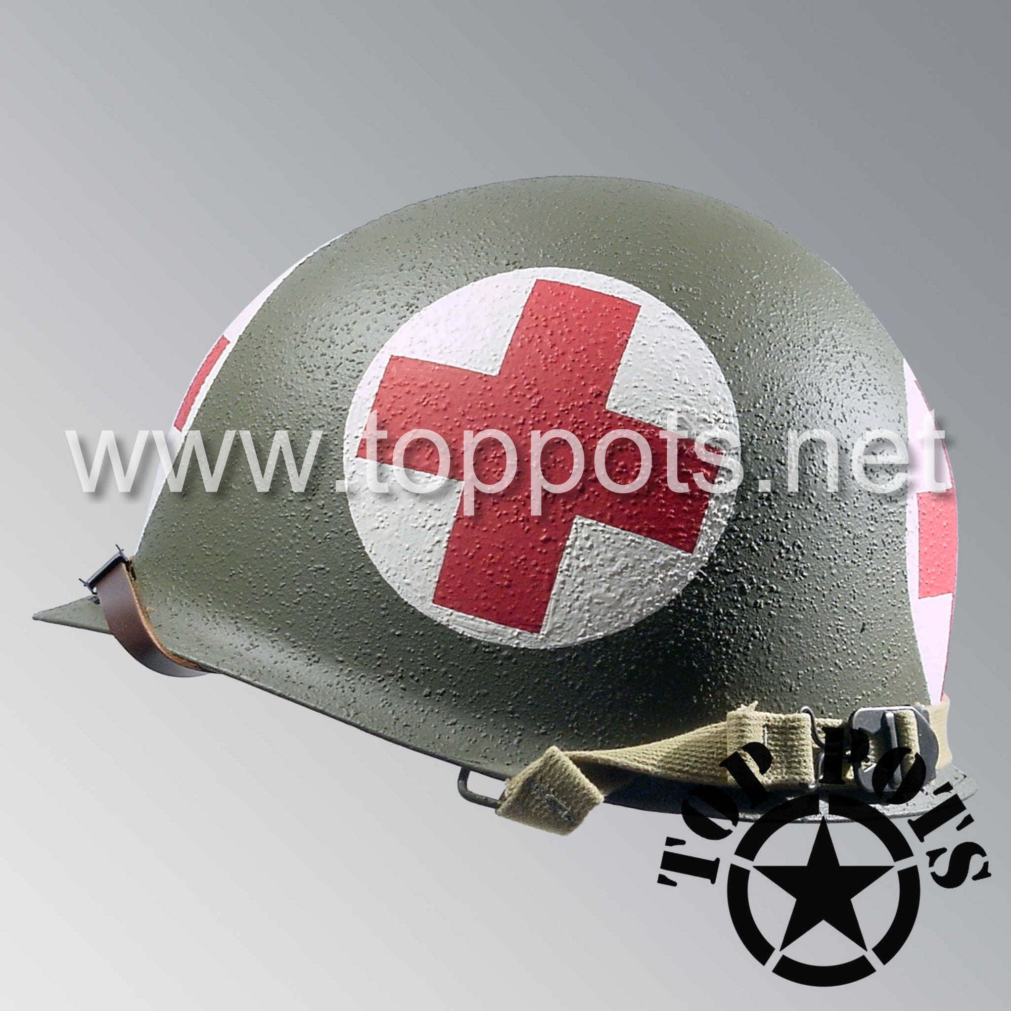 WWII US Army Reproduction M1 Infantry Helmet Fix Bale Shell and Liner with Four Panel Medic Emblem