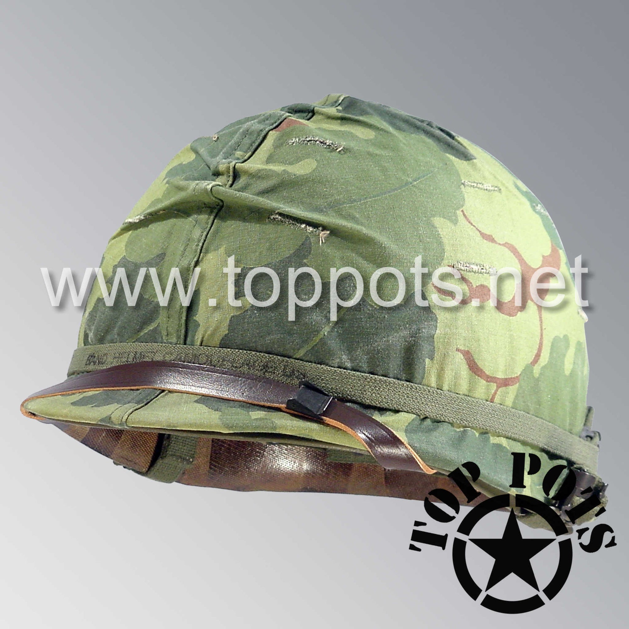 Vietnam War US Army Original M1 Infantry Helmet Swivel Bale Shell and P55 Liner with Mitchell Camouflage Cover