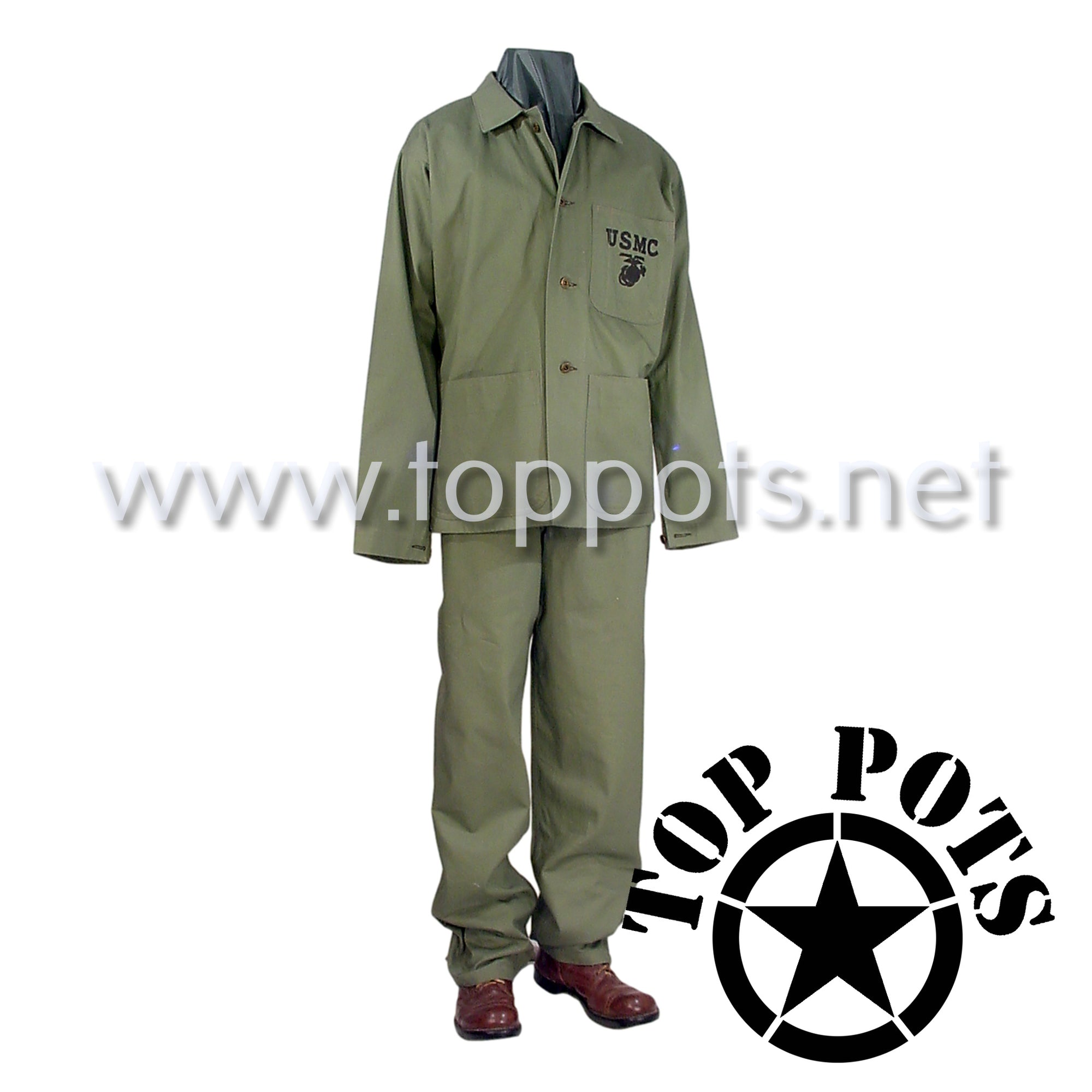 WWII USMC Reproduction M1941 P41 Cotton HBT Uniform Herring Bone Twill Olive Drab Field Utility Fatigue Jacket & Pant Set (Jacket and Pants)