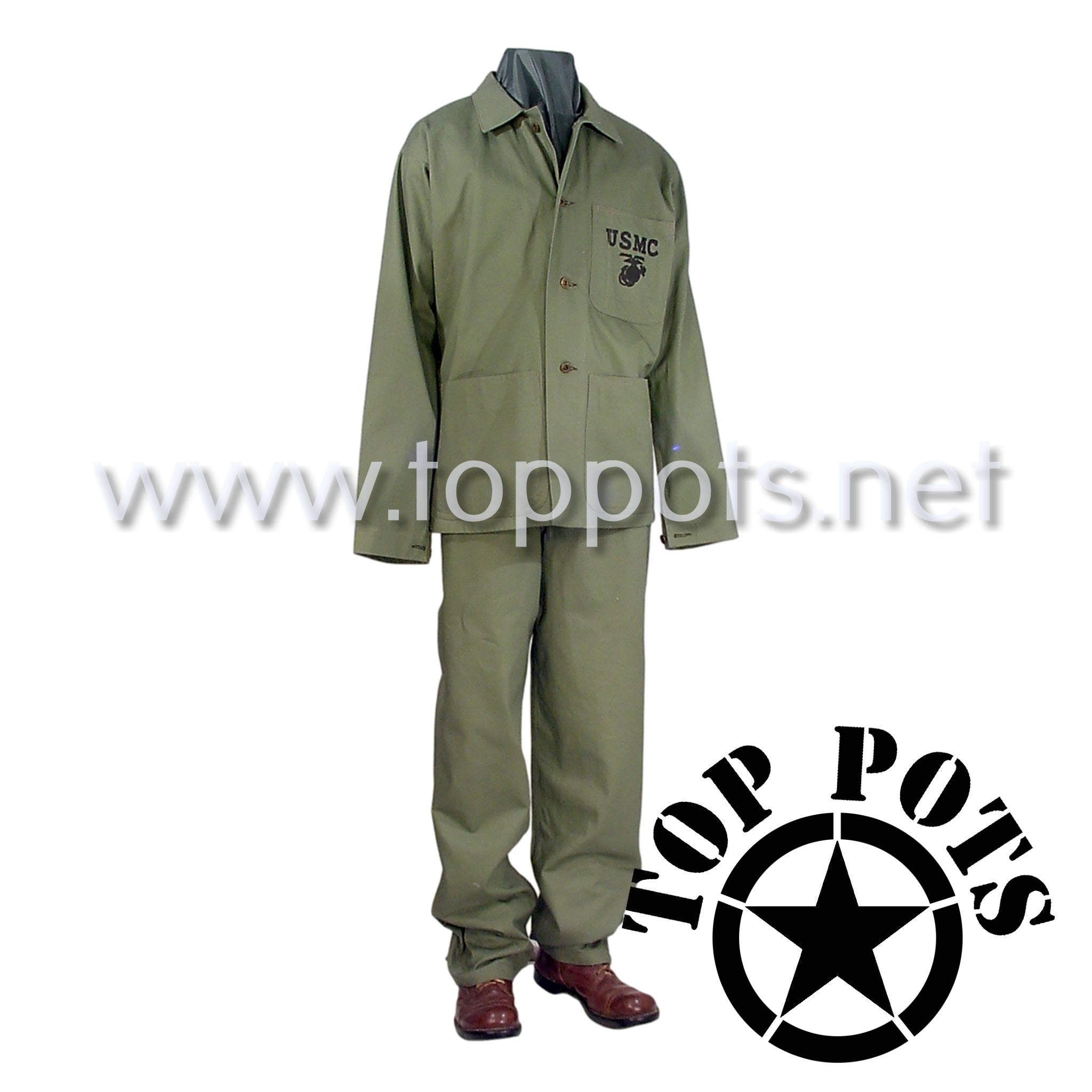 WWII USMC Reproduction M1941 P41 Cotton HBT Uniform Herring Bone Twill - Top Pots - WWII US M-1 Helmets, Liners and Reproduction Uniform Sales WWII USMC Reproduction M1941 P41 Cotton HBT Uniform Herring Bone Twill - Top Pots - WWII US M-1 Helmets, Liners and Reproduction Uniform Sales