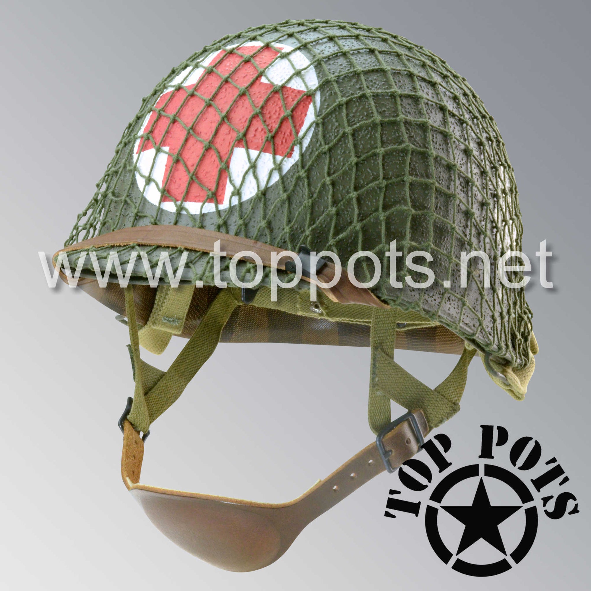 WWII US Army Restored Original M1C Paratrooper Airborne Helmet Swivel Bale Shell and Liner with 506th 2nd Battalion Medic Emblem and Net