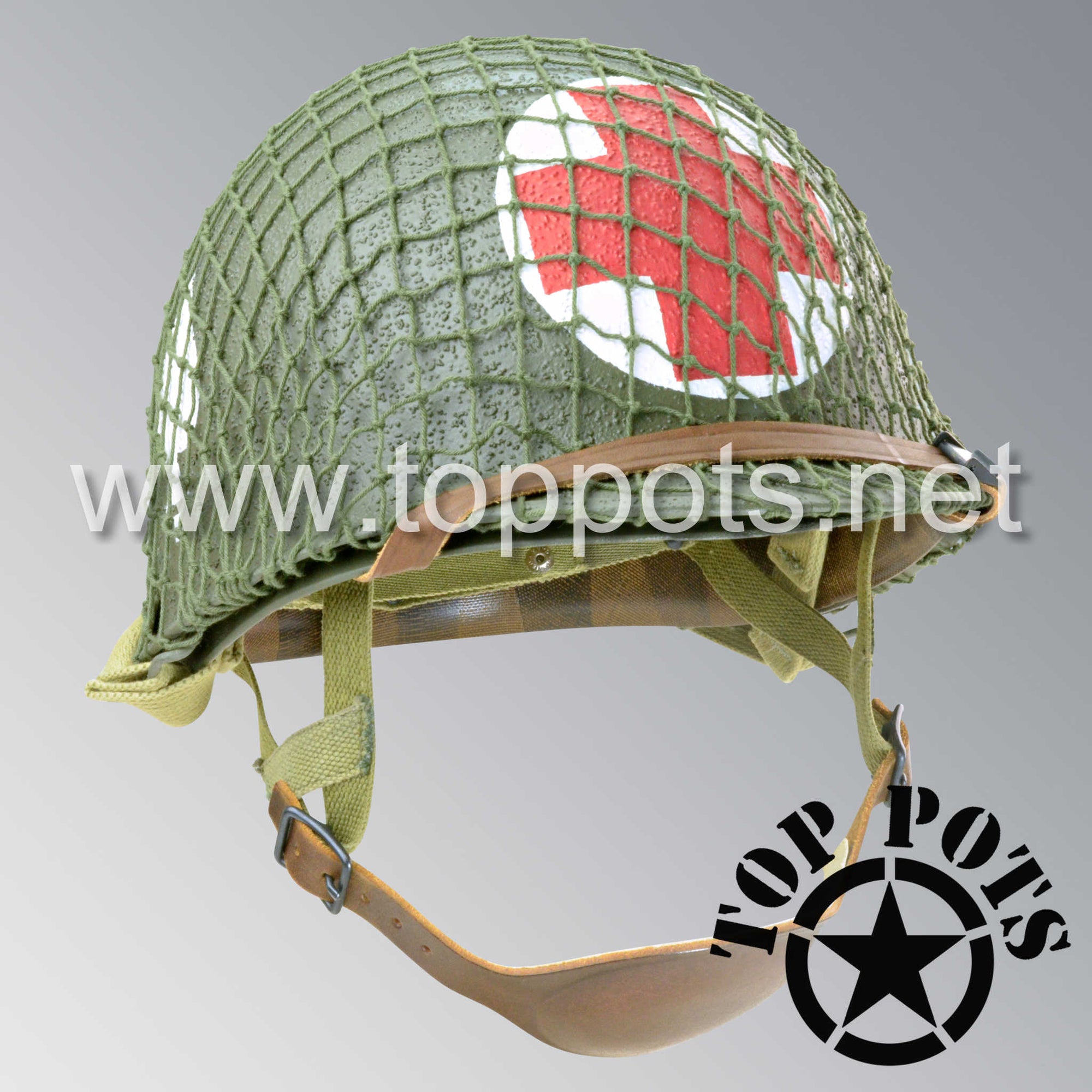 Featured Helmet - WWII US Army M1C Paratrooper Airborne Helmet Swivel with 506th 2nd Battalion NCO Medic Emblem and Net (Reproduction Shell - P55 Liner)