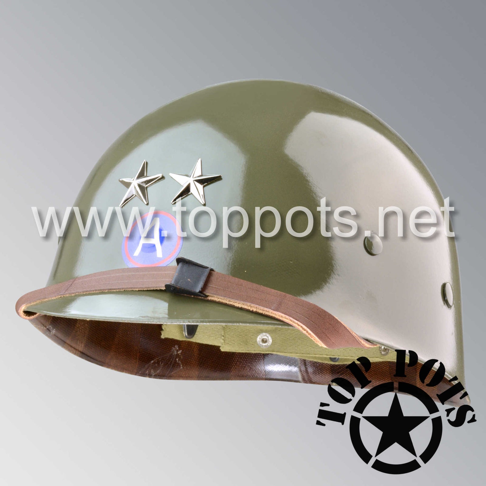 WWII US Army Restored Original M1 Infantry Helmet Liner with Patton 3rd Army Major General Rank