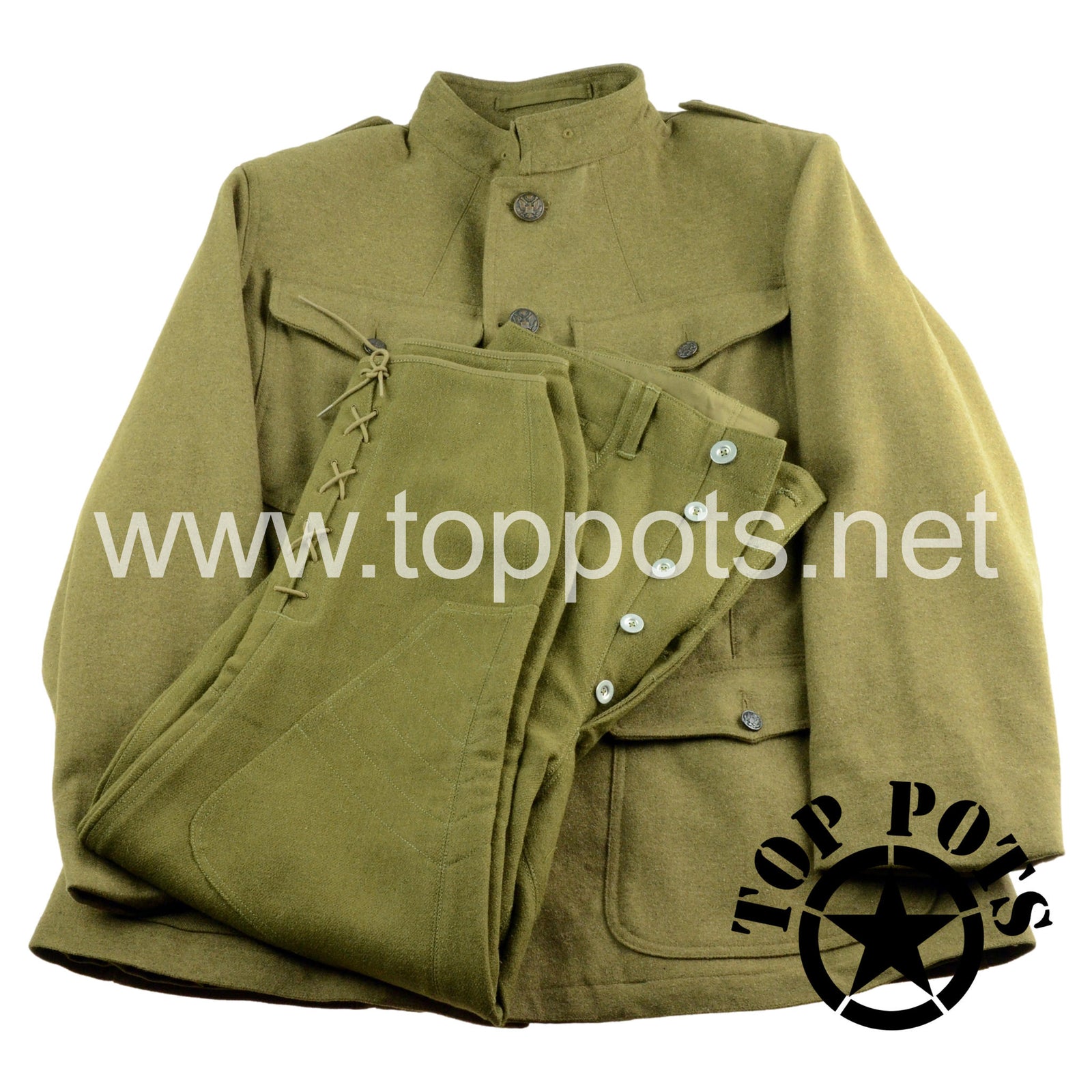WWI US Army Reproduction American Doughboy M1917 Wool Enlisted Uniform Service Coat Jacket and Trouser Set – Coat, Wool, OD, M1917