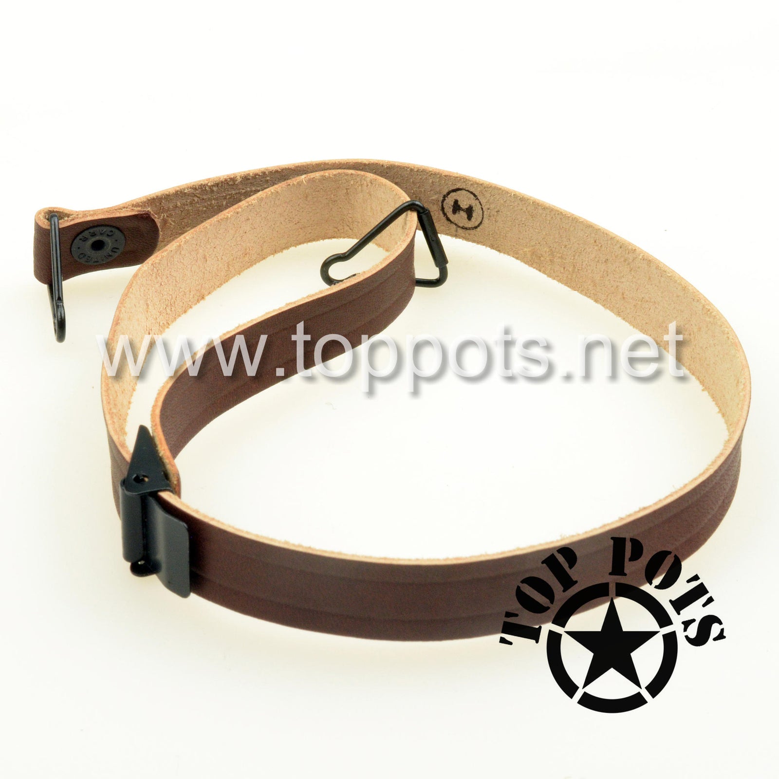 WWII US Army Reproduction M1 Helmet Liner Leather Chin Strap with United Carr Hardware and QM Stamp