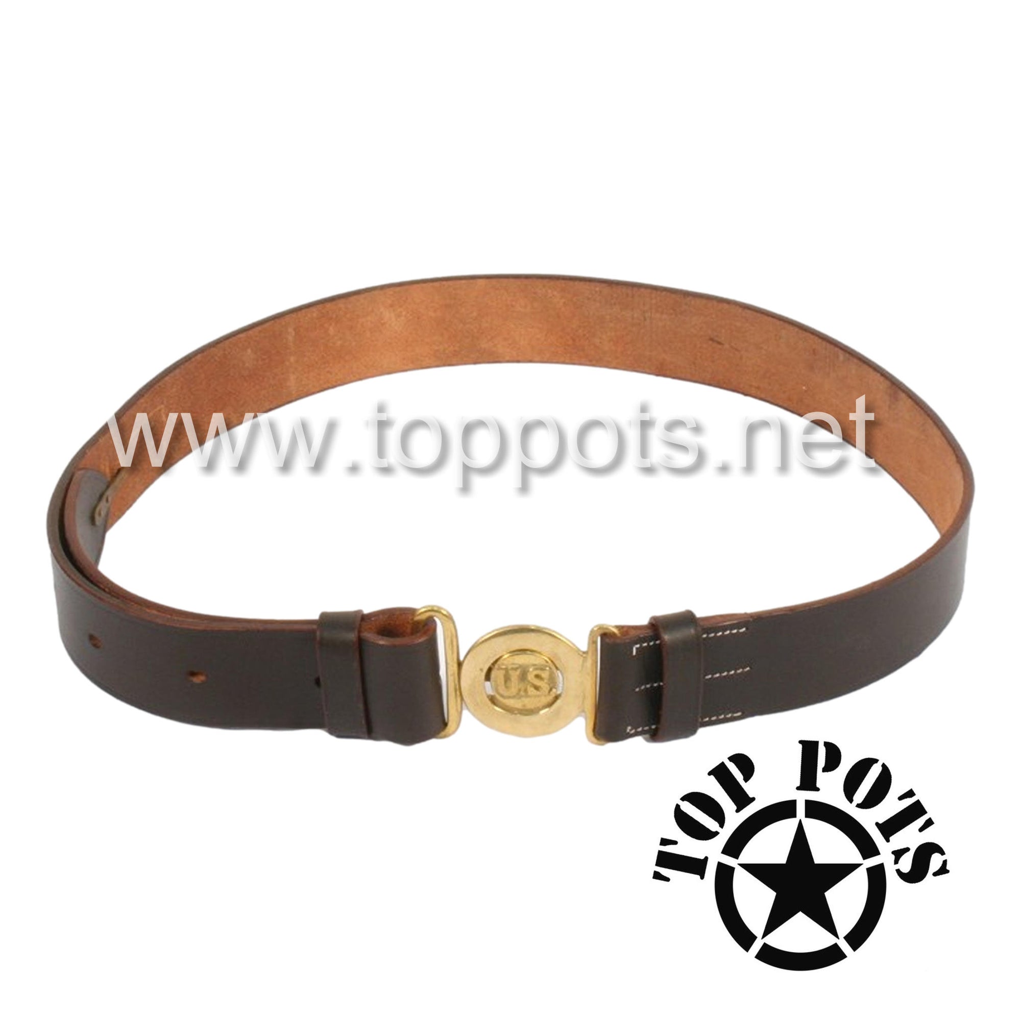 WWII US Army Reproduction M1911 Leather Officer Waist Belt – Brass Oval US Buckle (Belt and Buckle Only)