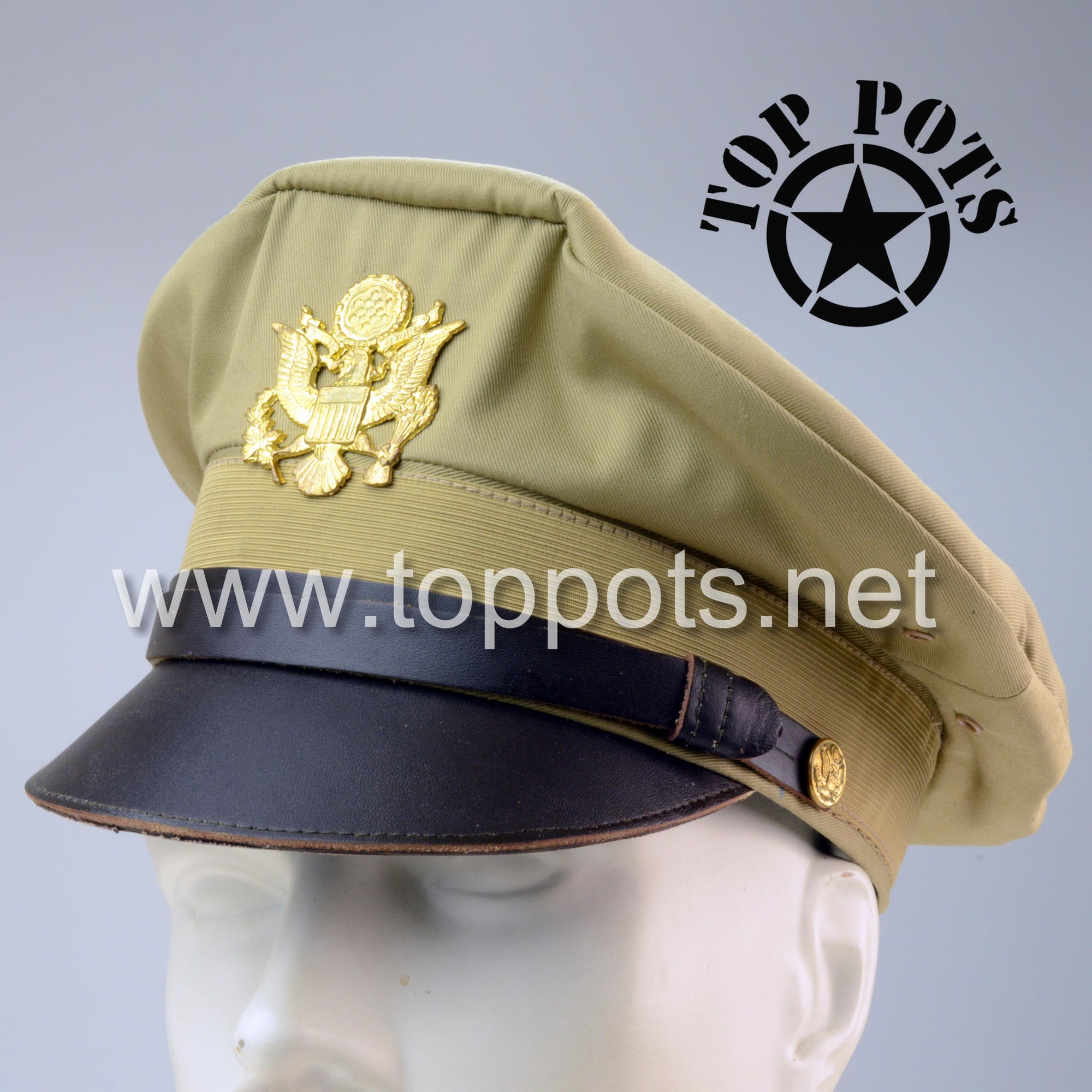 WWII US Army Reproduction Khaki Cotton Summer Officer Service Cap – Crusher Cap