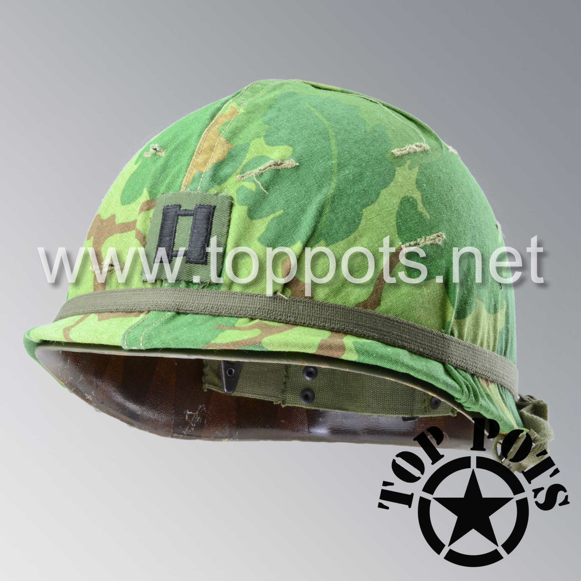 Vietnam War US Army Restored Original M1 Infantry Helmet Swivel Bale Shell and P55 Liner with Captain Insignia Mitchell Camouflage Cover