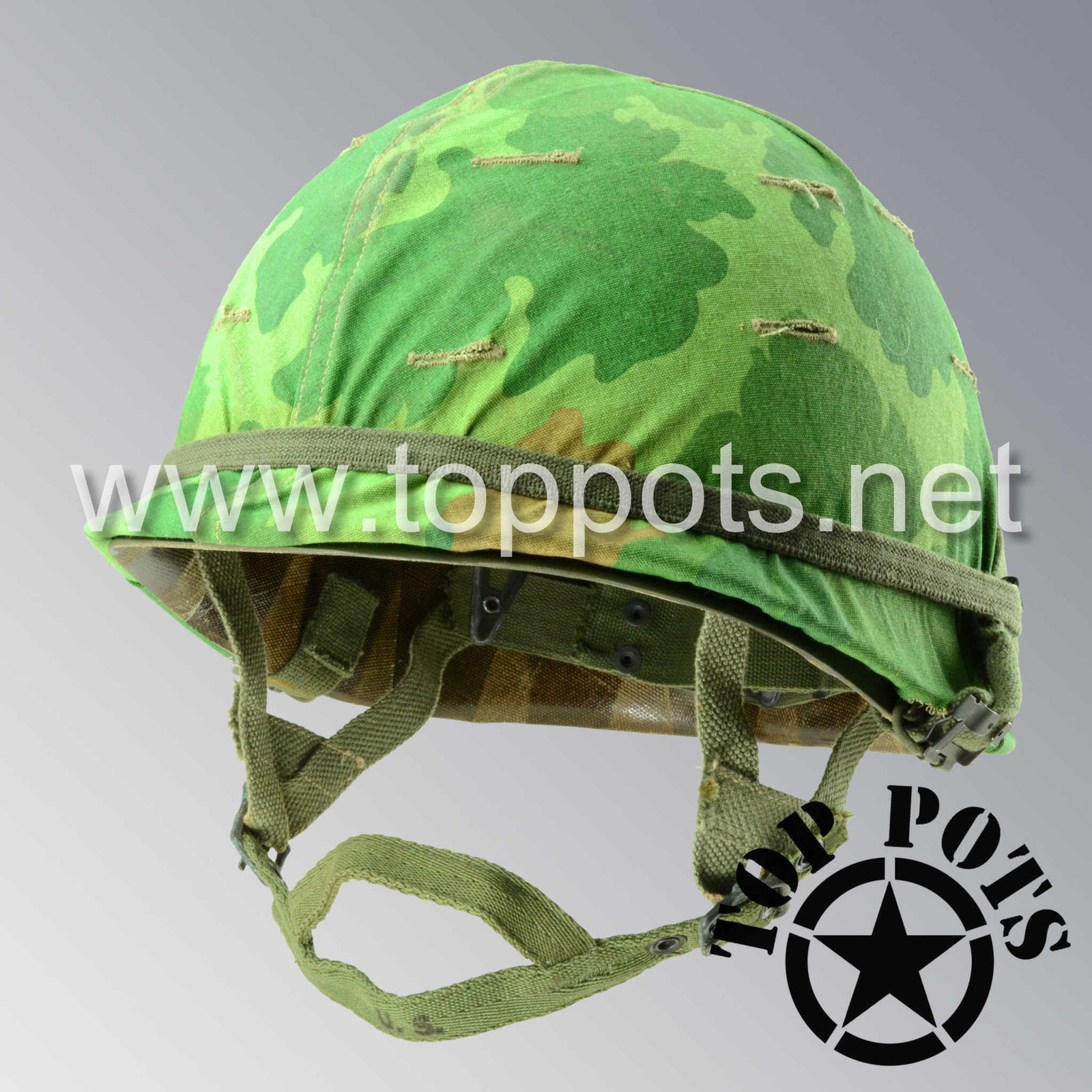 Vietnam War US Army Restored Original P55 M1C Paratrooper Airborne Helmet Swivel Bale Shell and Liner with Mitchell Pattern Camouflage Cover