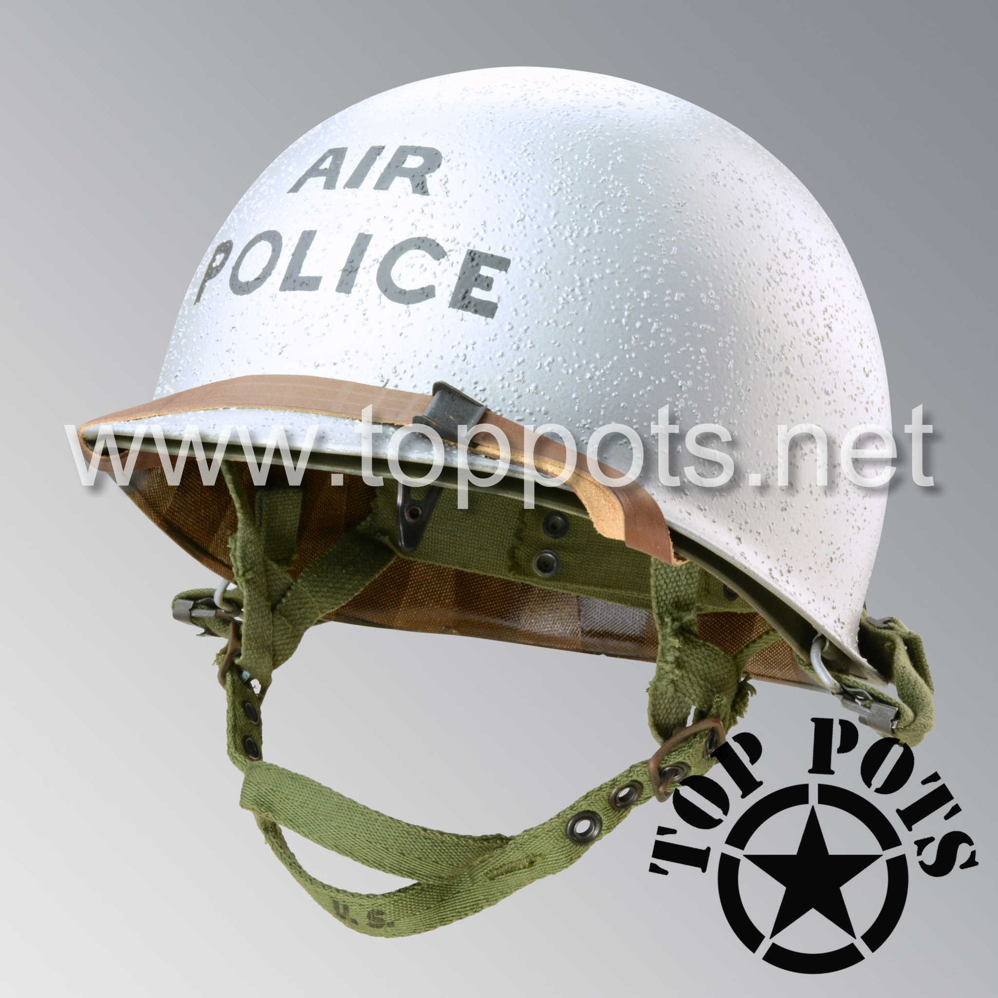 Vietnam War US Army Restored Original P55 M1C Paratrooper Airborne Helmet Swivel Bale Shell and Liner with USAF Air Police Emblem
