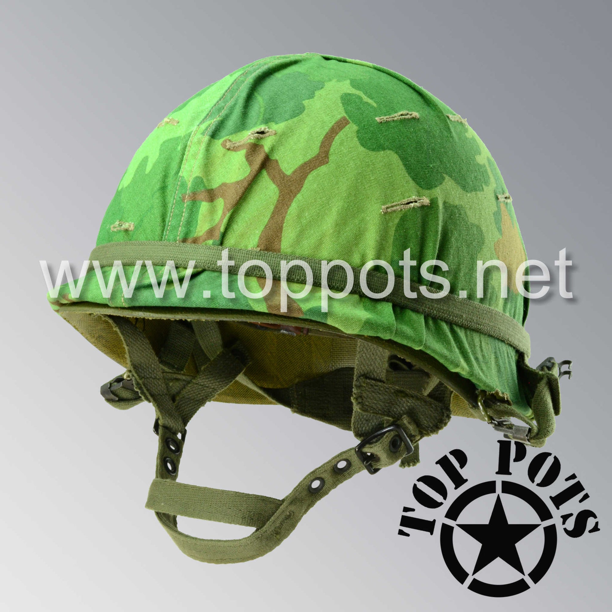 Vietnam War US Army Restored Original P64 M1C Paratrooper Airborne Helmet Swivel Bale Shell and Liner with Mitchell Pattern Camouflage Cover