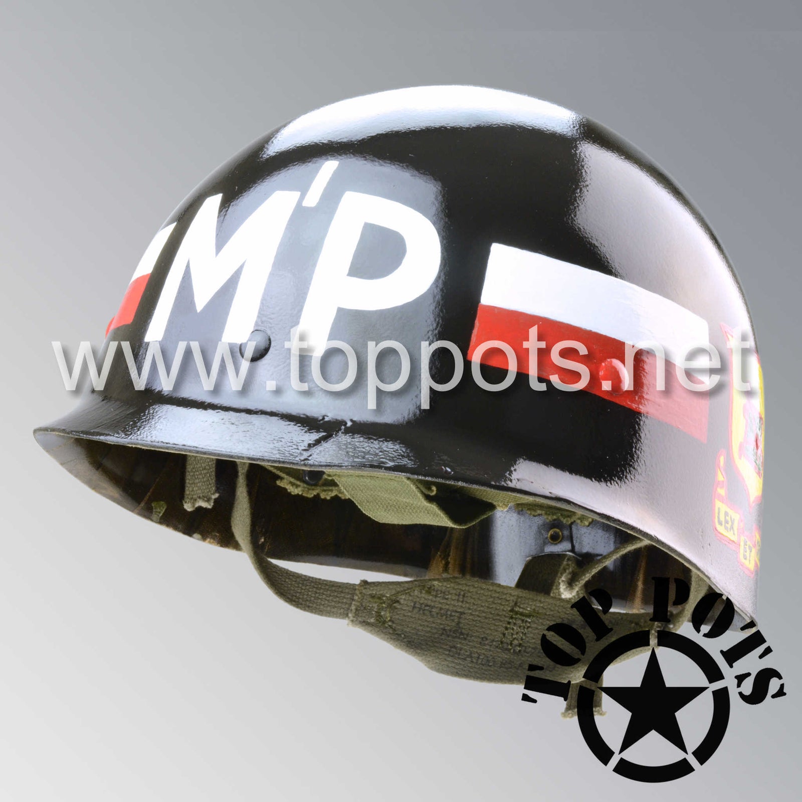 Vietnam War US Army Original M1 Infantry Helmet P55 or P64 Liner with 76th MP Battalion 8th Military Police Brigade Emblem