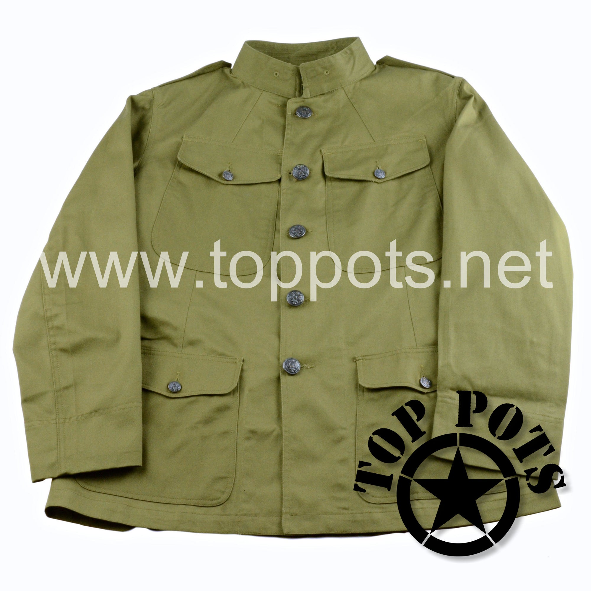 WWI US Army Reproduction American Doughboy M1912 Cotton Enlisted Summer Uniform Olive Drab Service Coat Jacket – Coat, Cotton, OD, M1912