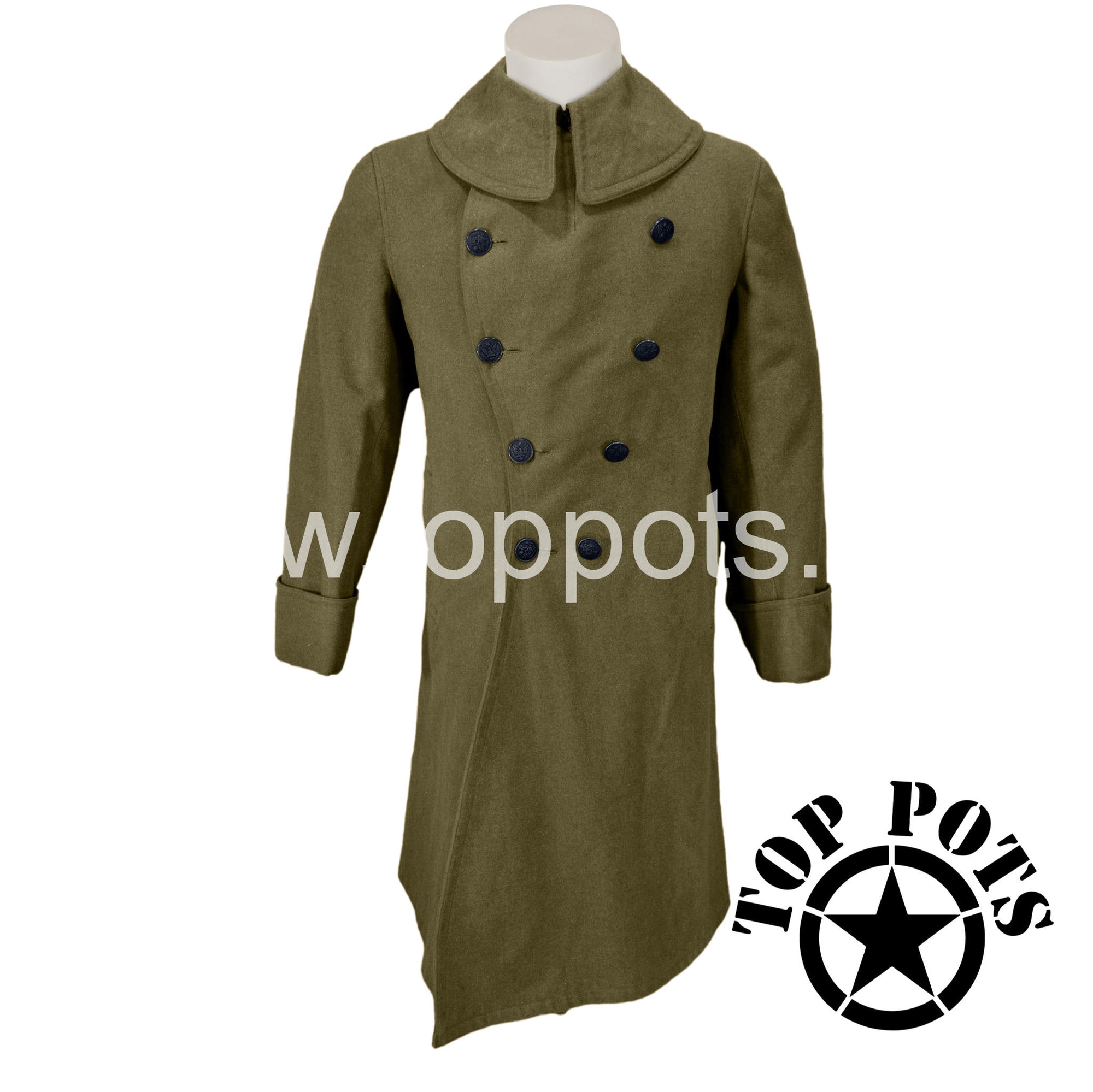 WWI US Army Reproduction American Doughboy M1907 Wool Enlisted Uniform Olive Drab Winter Greatcoat Overcoat Jacket