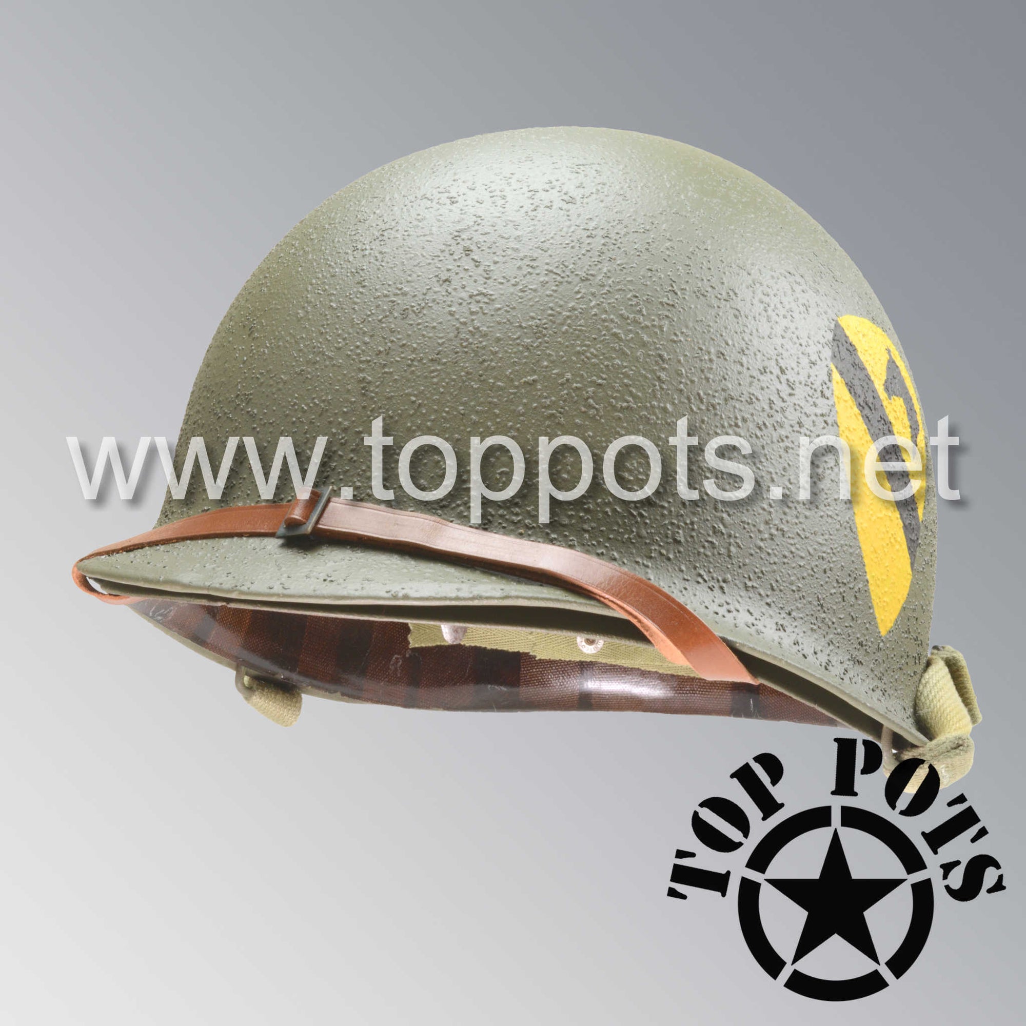 WWII US Army Restored Original M1 Infantry Helmet Fix Bale Shell and Liner with 1st Cavalry Division Emblem and Early War Leather Chinstrap