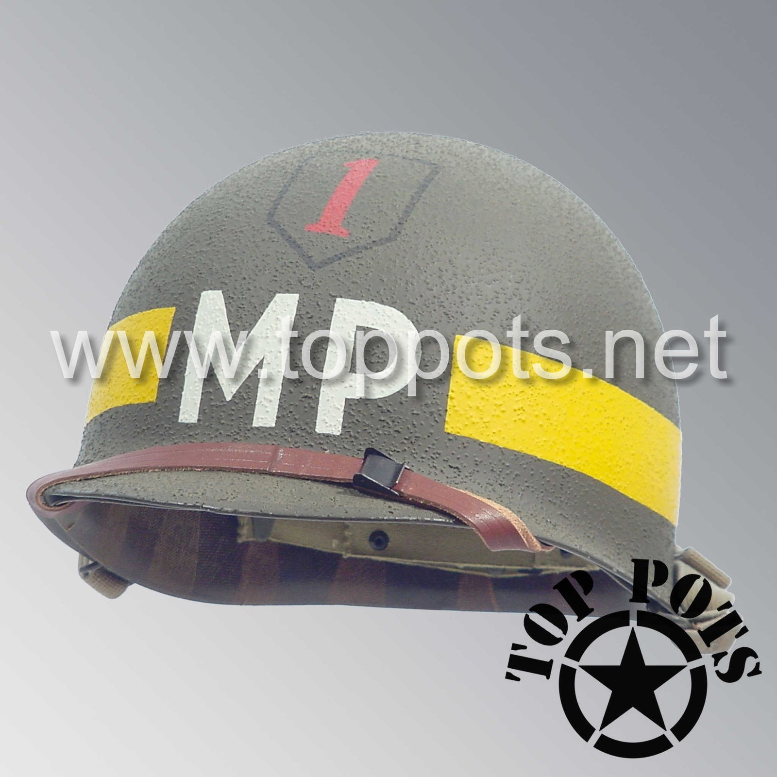 WWII US Army Restored Original M1 Infantry Helmet Swivel Bale Shell and Liner with 1st Infantry Division Military Police Divisional MP Emblem
