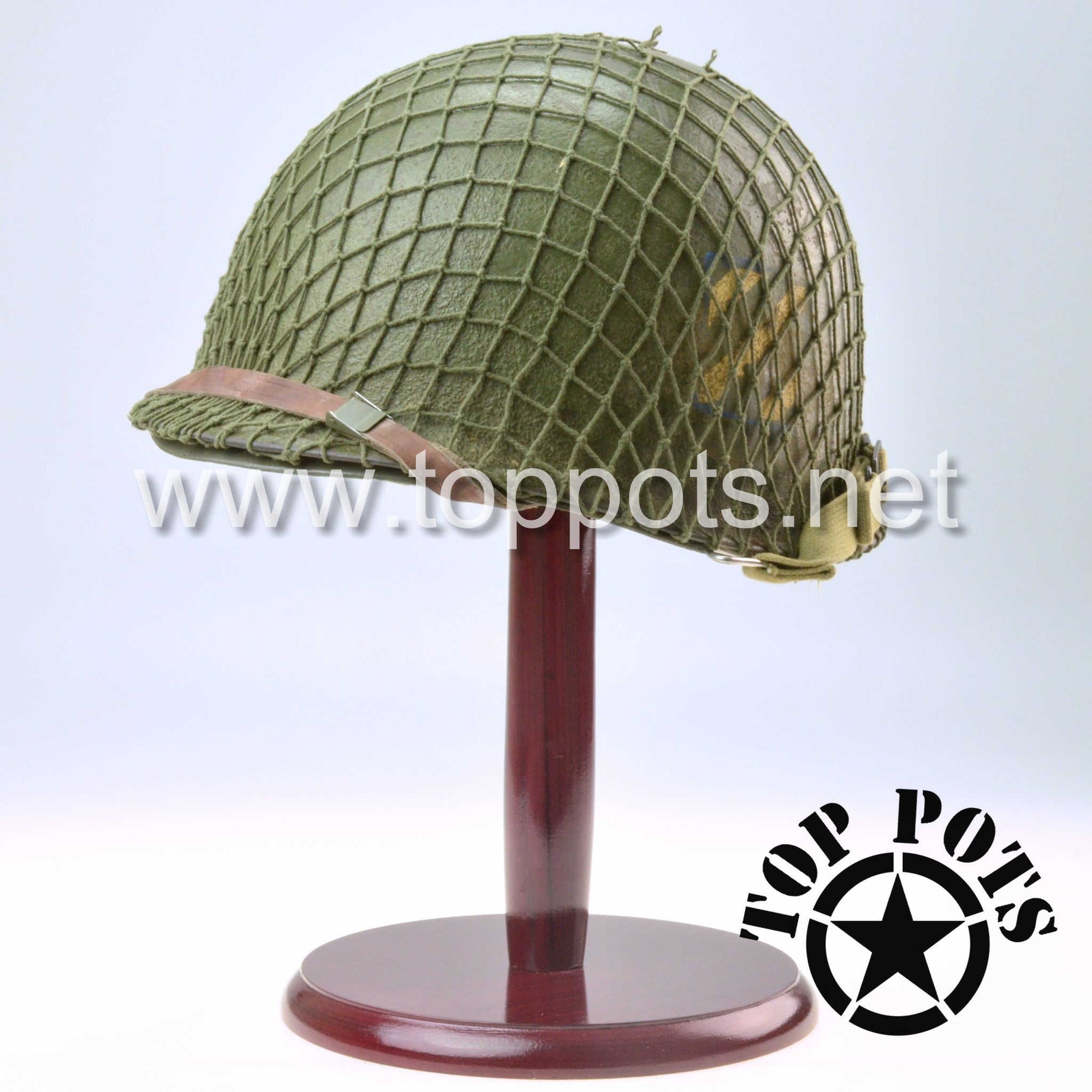Featured Helmet - FIVE WWII US Army Aged Original M1 Infantry Helmet Swivel Bale Shells and Liners with 3rd Infantry Division Emblems, Nets & Display Stands (SET OF FIVE)
