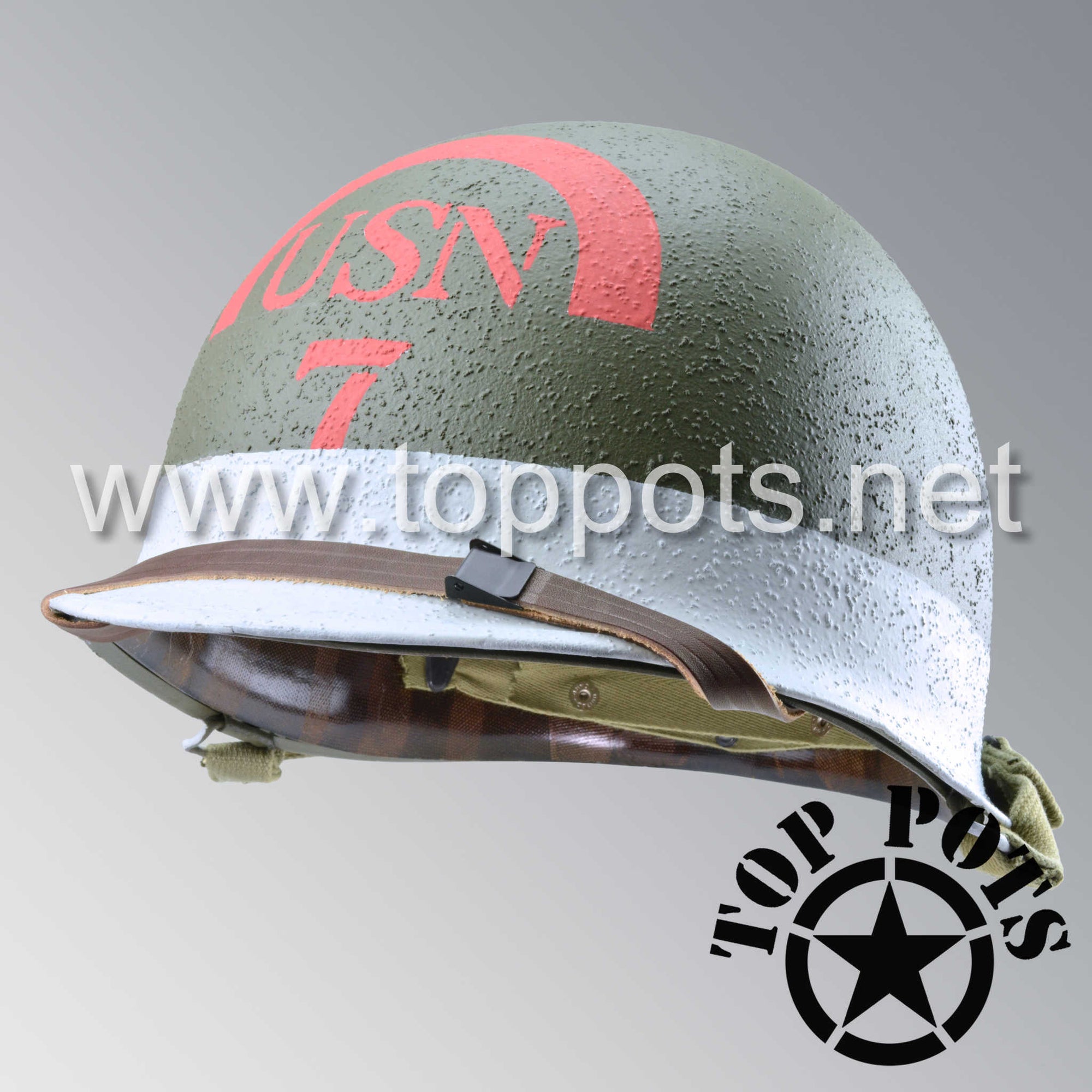 WWII US Navy Restored Original M1 Infantry Helmet Swivel Bale Shell and Liner with 7th Naval Beach Battalion USN Emblem