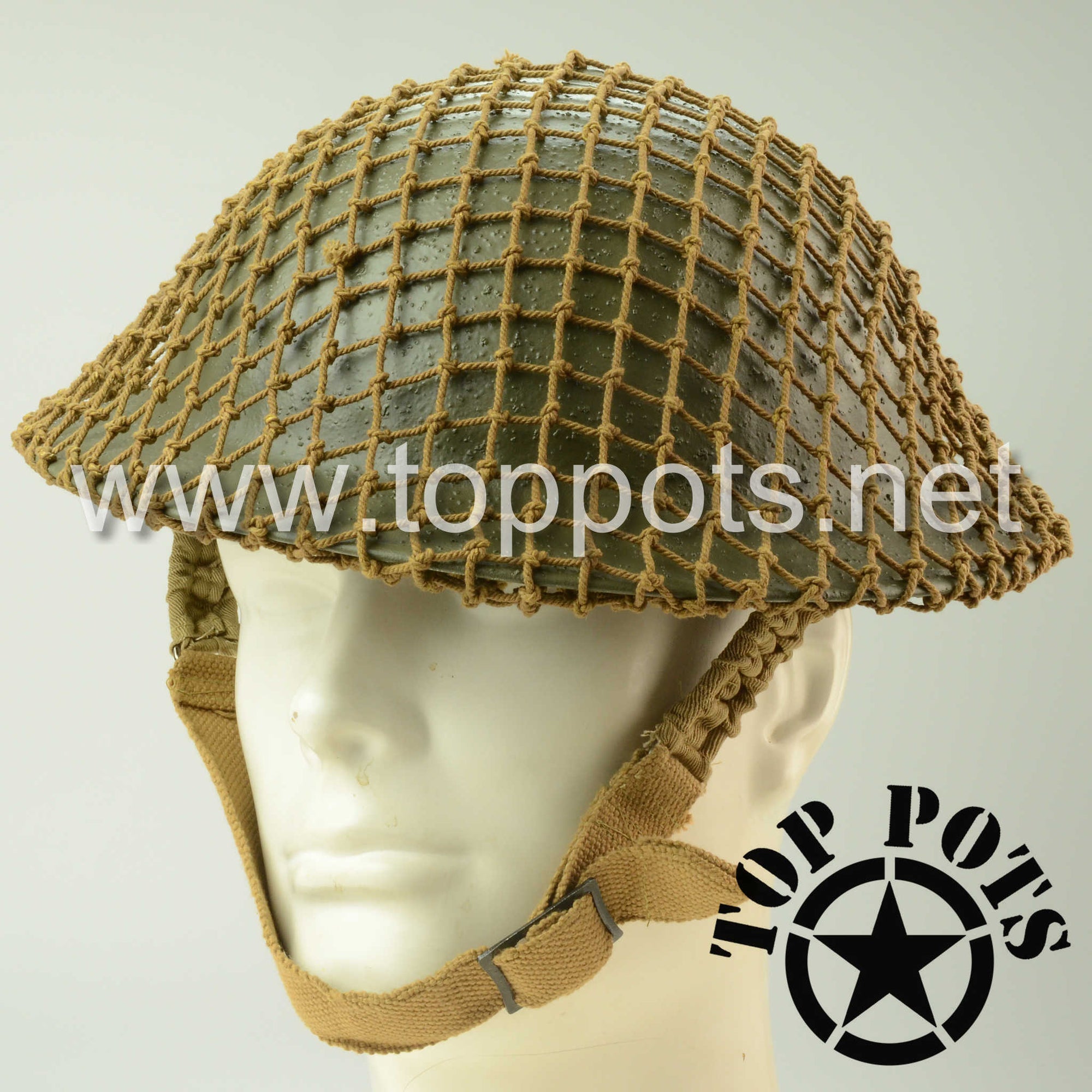 WWII British Army Reproduction MKII MK2 Enlisted Brodie Helmet with Reproduction Helmet Net – Field Textured Finish