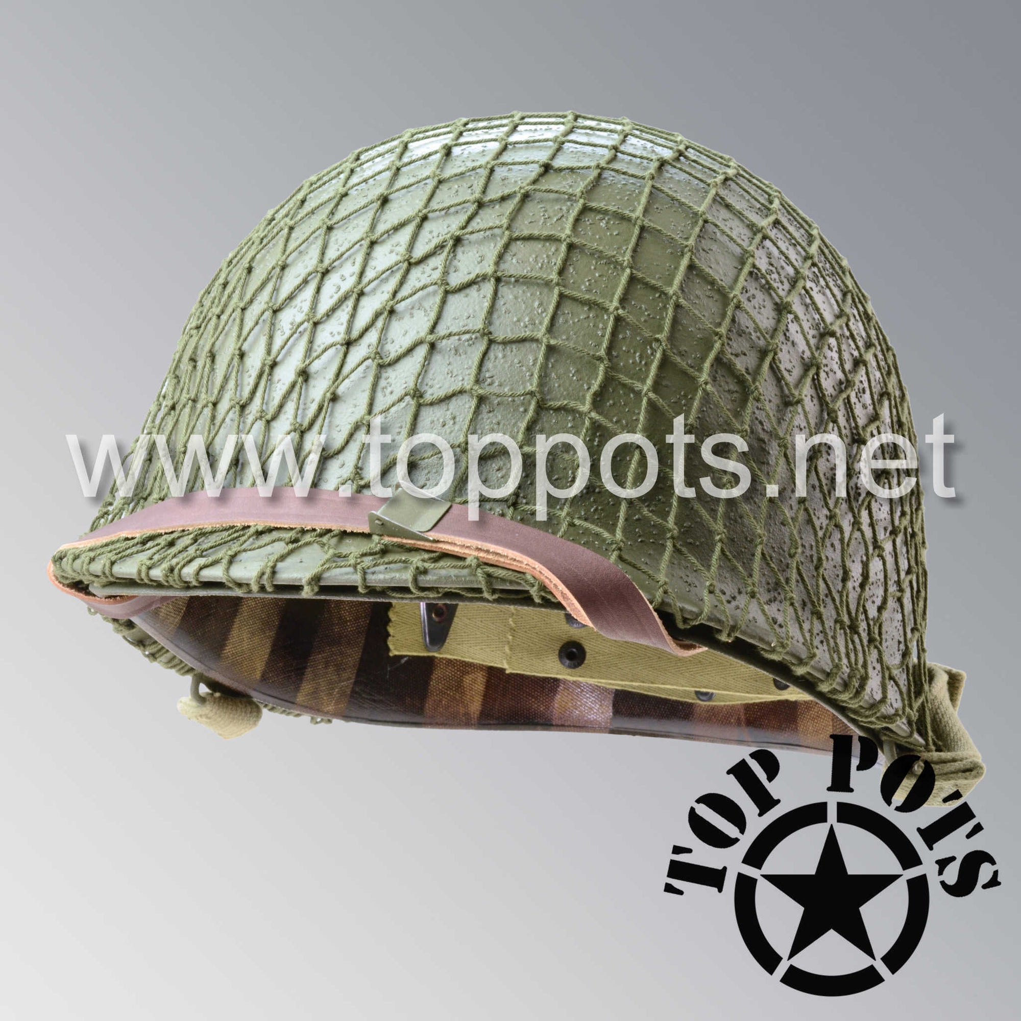 WWII US Army Restored Original M1 Infantry Helmet Fix Bale Shell and Liner with Olive Drab 7 Net