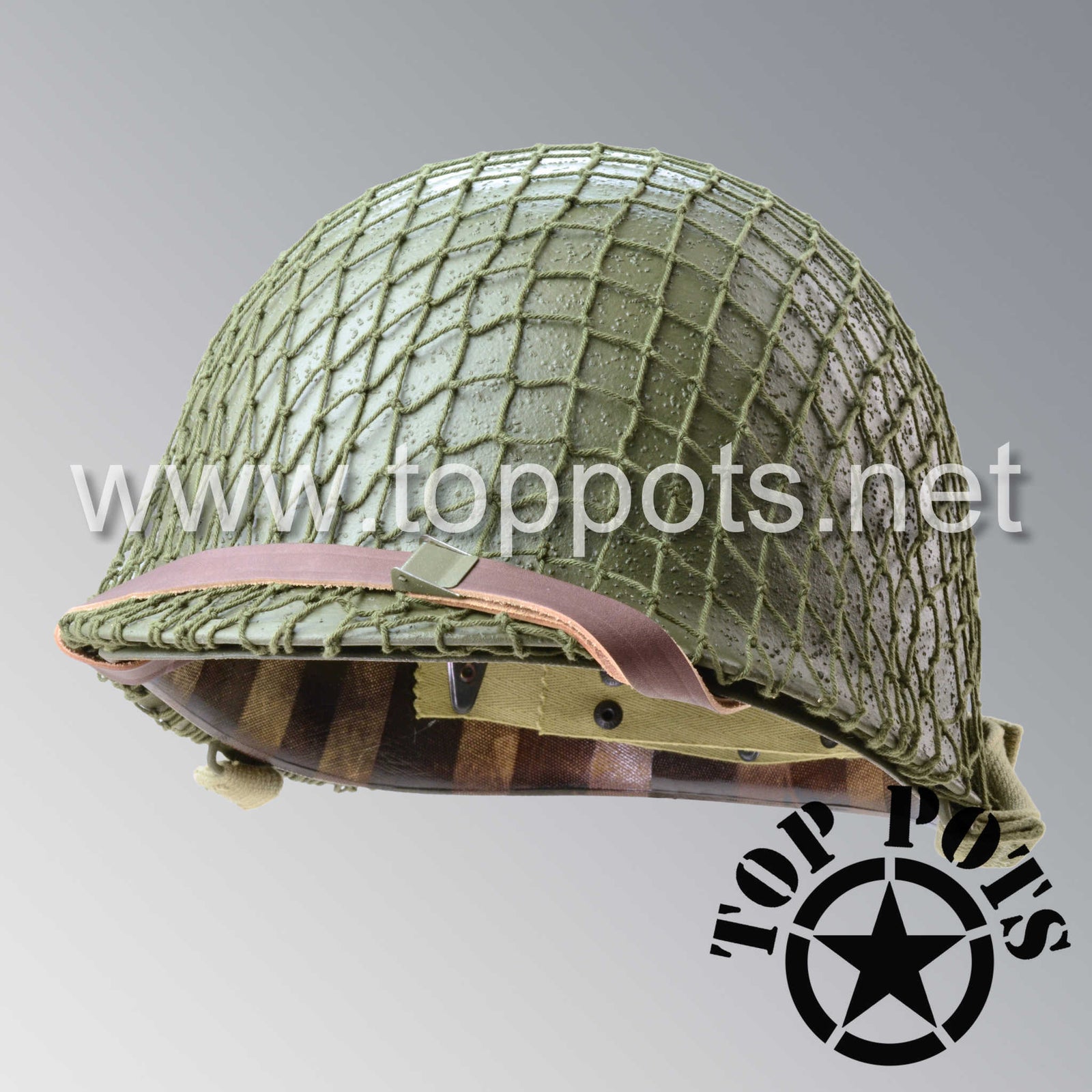 WWII US Army Restored Original M1 Infantry Helmet Fix Bale Shell and Liner with Officer Leadership Stripe and Net
