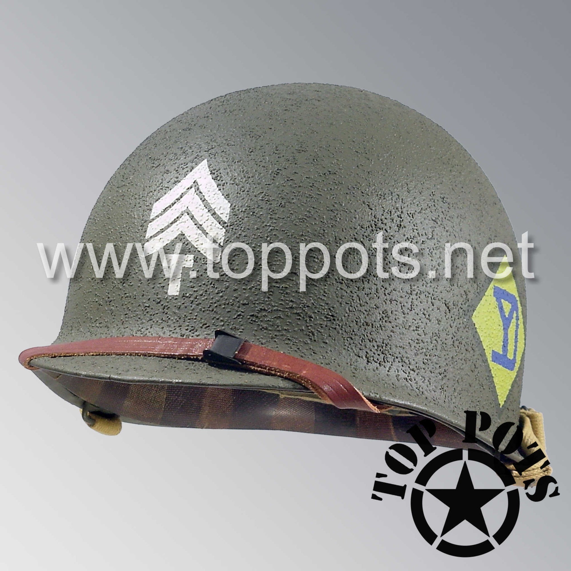 WWII US Army Restored Original M1 Infantry Helmet Swivel Bale Shell and Liner with 26th Infantry Division NCO Emblem