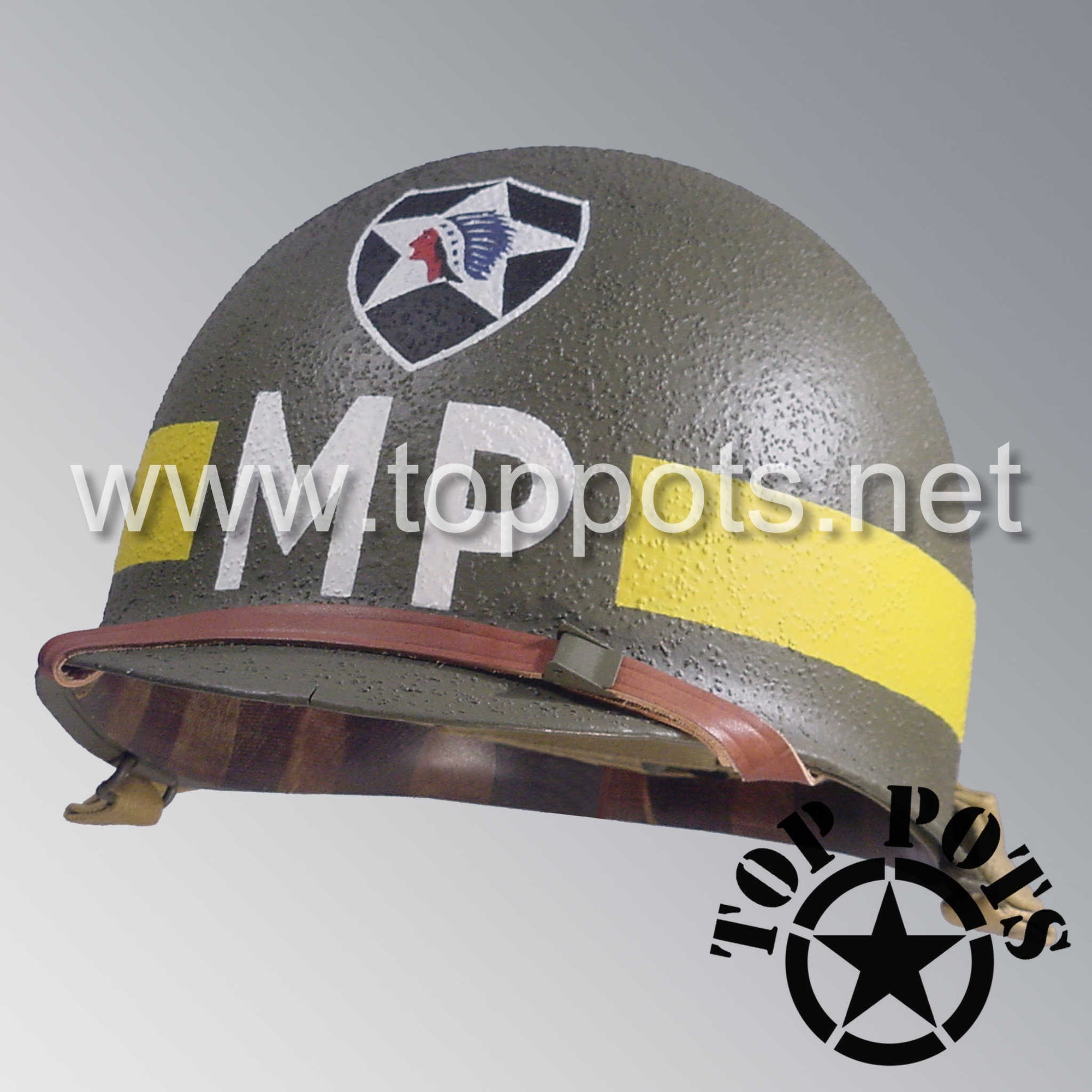 WWII US Army Restored Original M1 Infantry Helmet Swivel Bale Shell and Liner with 2nd Infantry Division Military Police Divisional MP Emblem