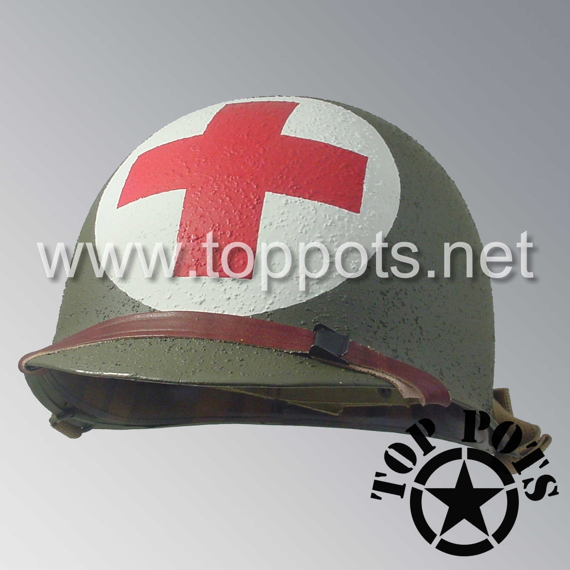 WWII US Army Restored Original M1 Infantry Helmet Swivel Bale Shell and Liner with 2nd Ranger Medic Emblem