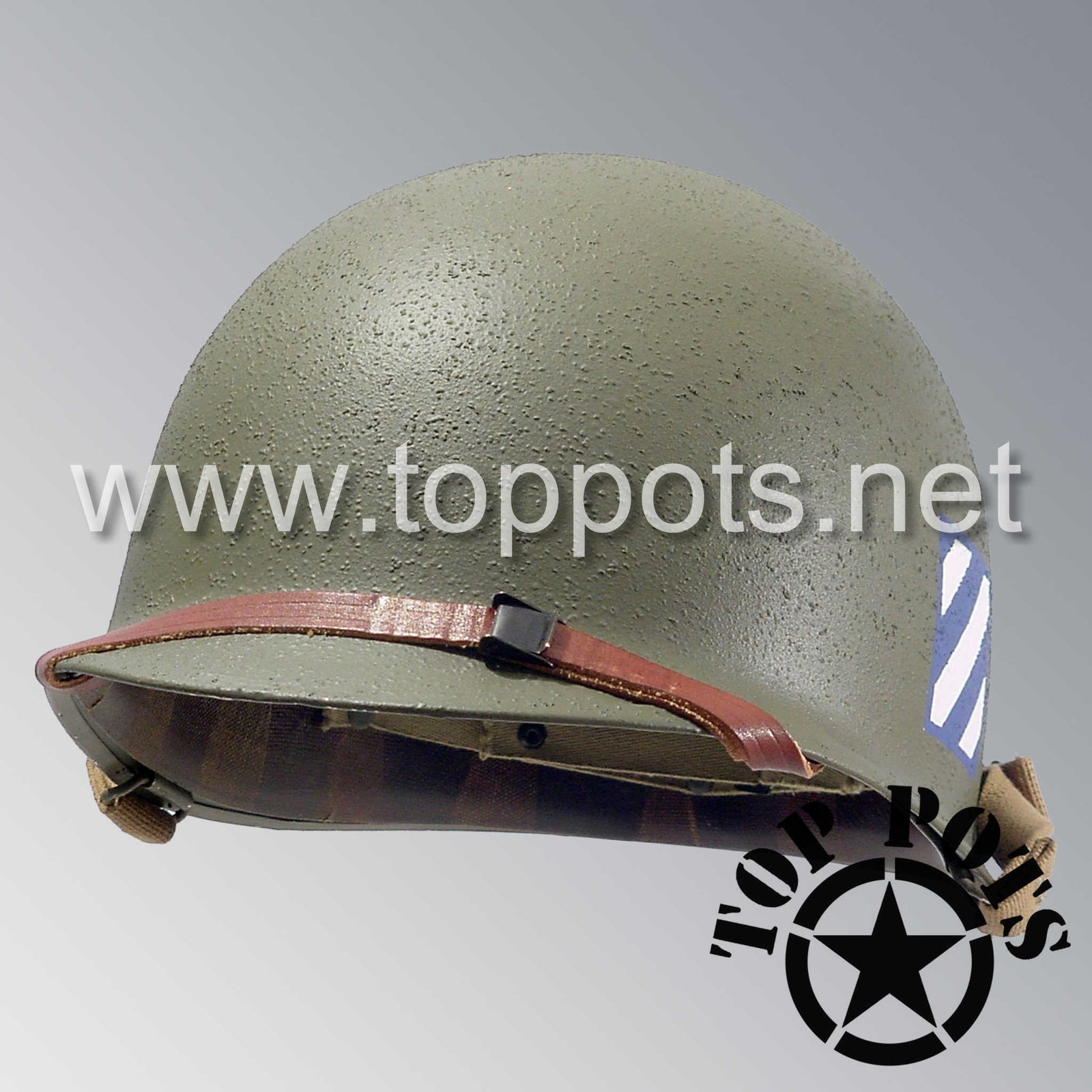 WWII US Army Restored Original M1 Infantry Helmet Swivel Bale Shell and Liner with 3rd Infantry Division 1st Battalion 7th Infantry Emblem