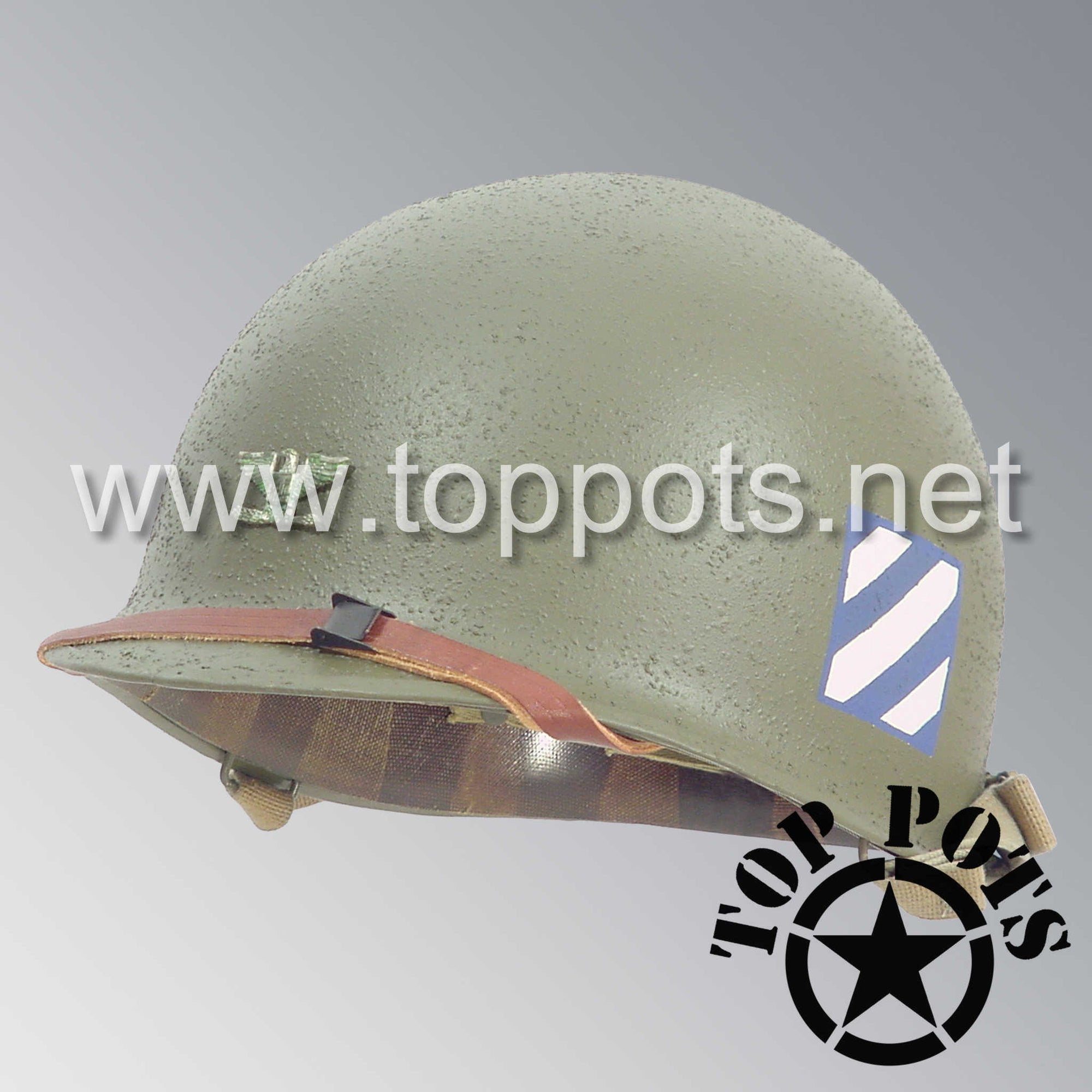 WWII US Army Restored Original M1 Infantry Helmet Swivel Bale Shell and Liner with 3rd Infantry Division Officer Colonel Metal Rank and Emblem