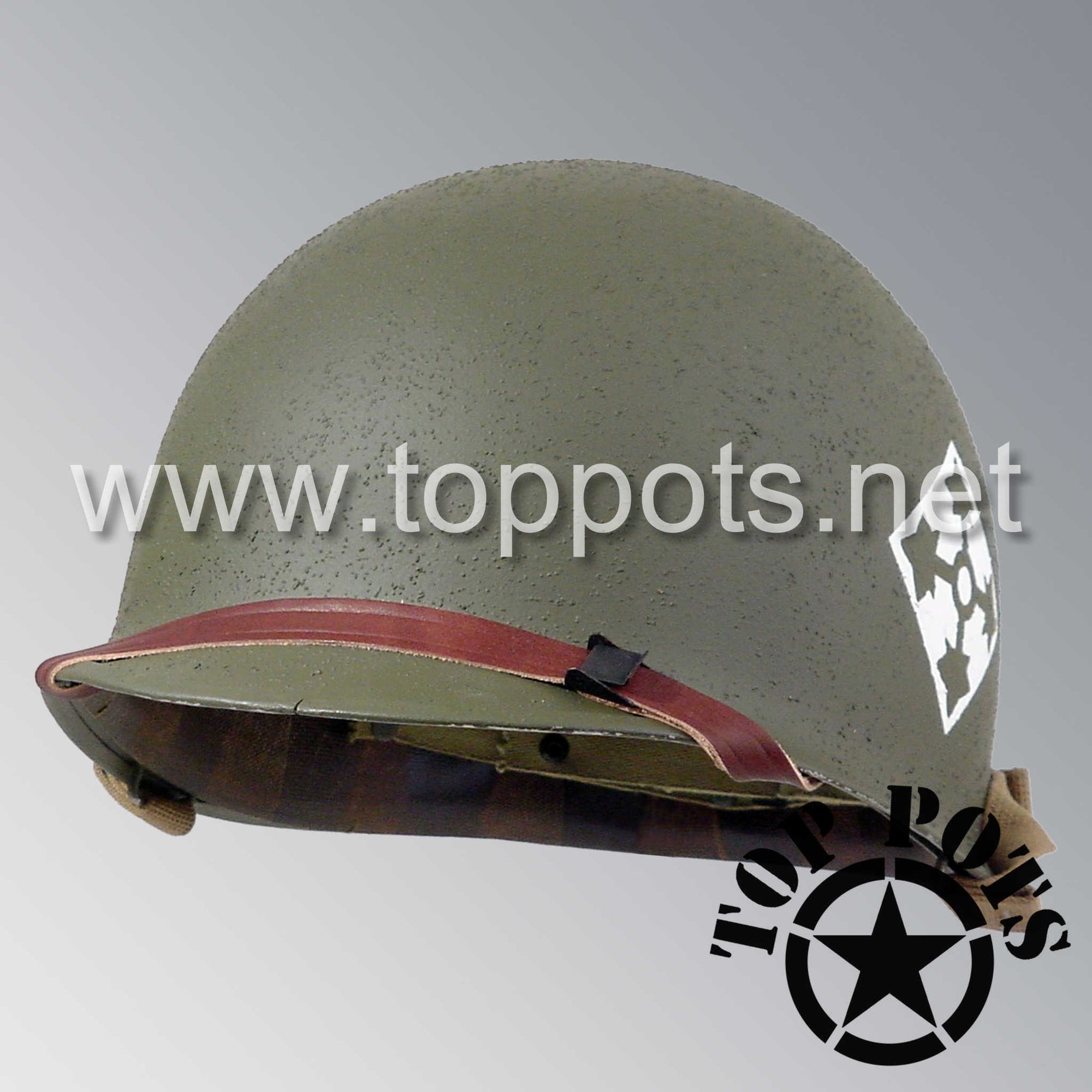 WWII US Army Restored Original M1 Infantry Helmet Swivel Bale Shell and Liner with 4th Infantry Division Officer Emblem