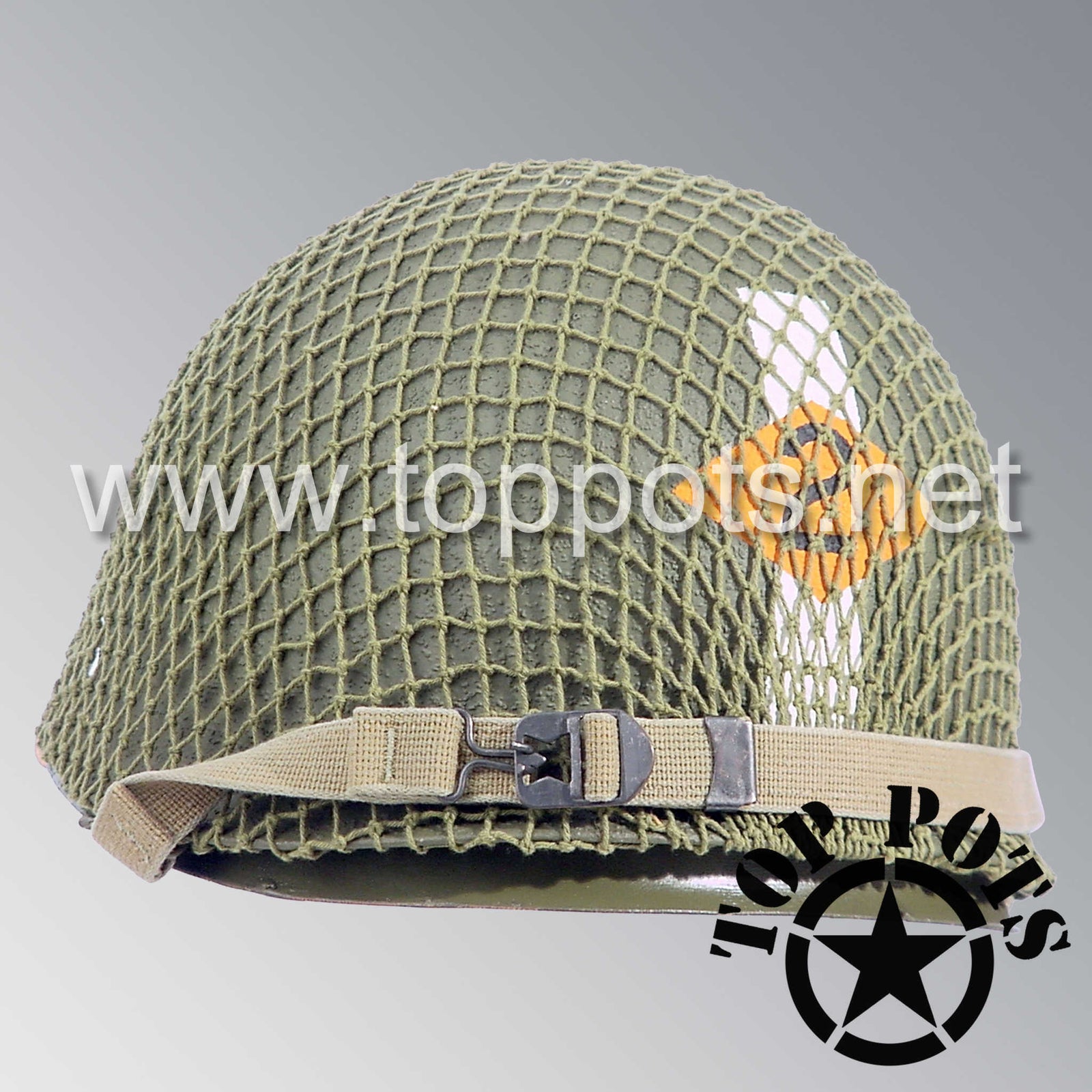 WWII US Army Restored Original M1 Infantry Helmet Swivel Bale Shell and Liner with 2nd Ranger Officer Captain Miller Metal Rank and Net