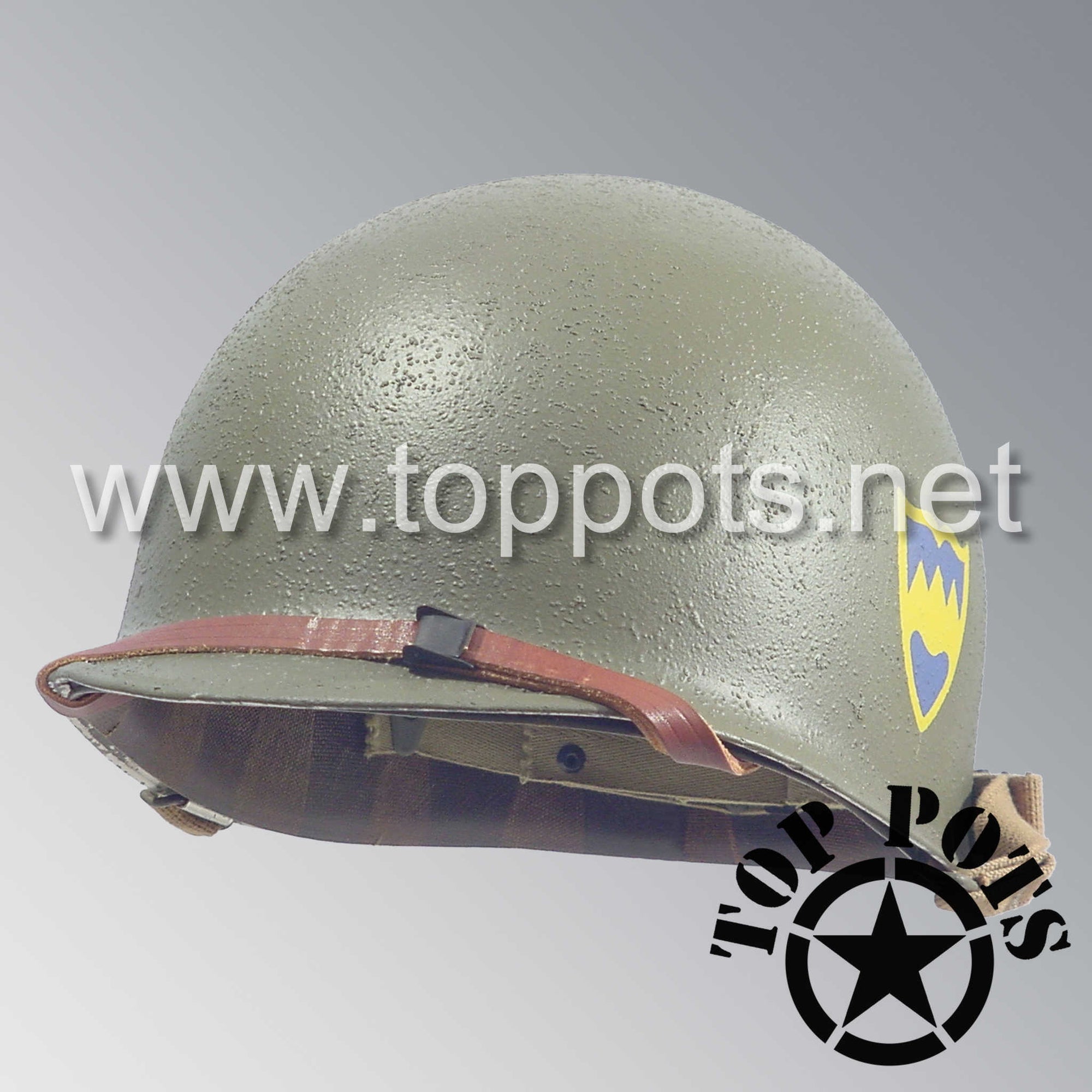 WWII US Army Restored Original M1 Infantry Helmet Swivel Bale Shell and Liner with 104th Infantry Division 415th Regiment Emblem