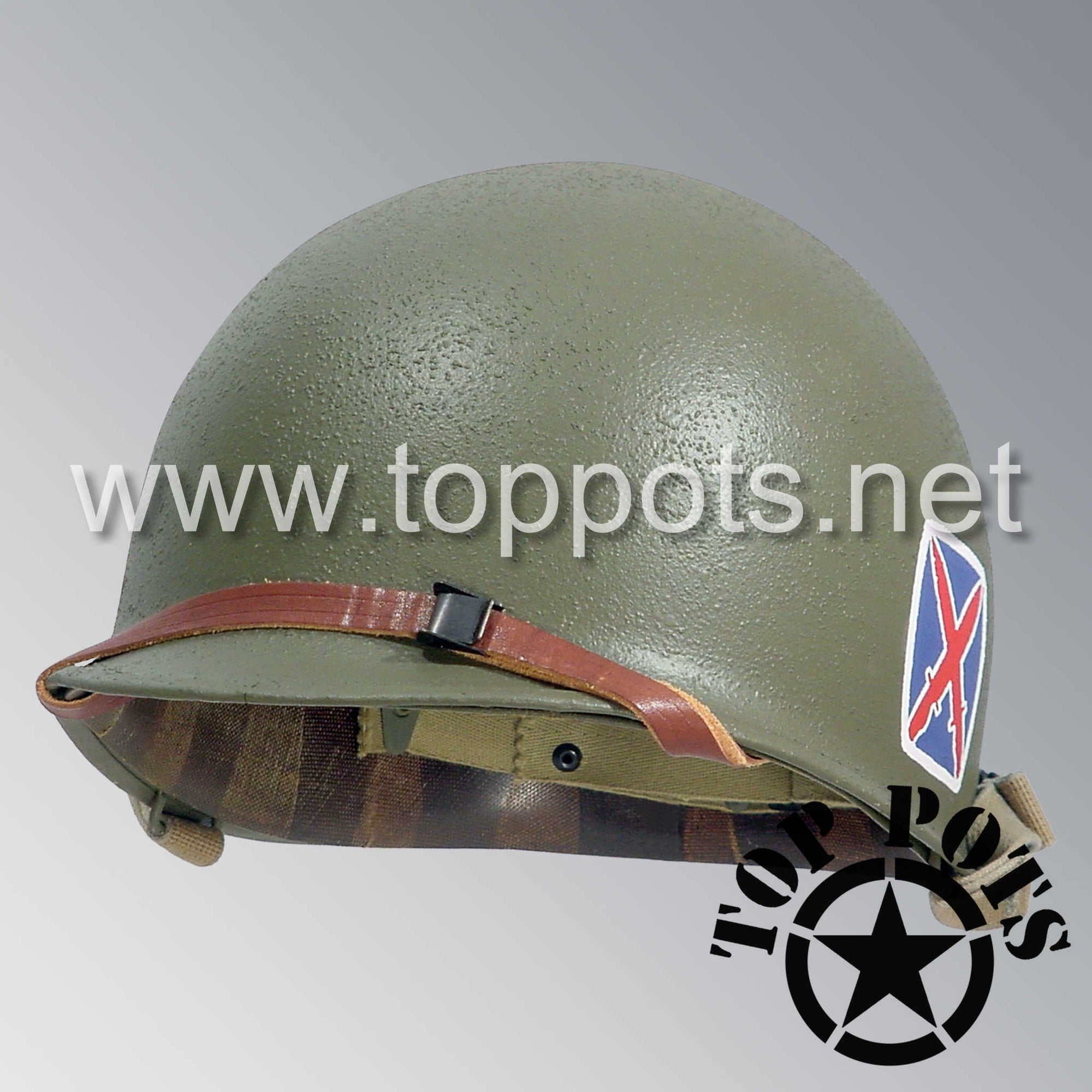 WWII US Army Restored Original M1 Infantry Helmet Swivel Bale Shell and Liner with 10th Mountain Division Emblem