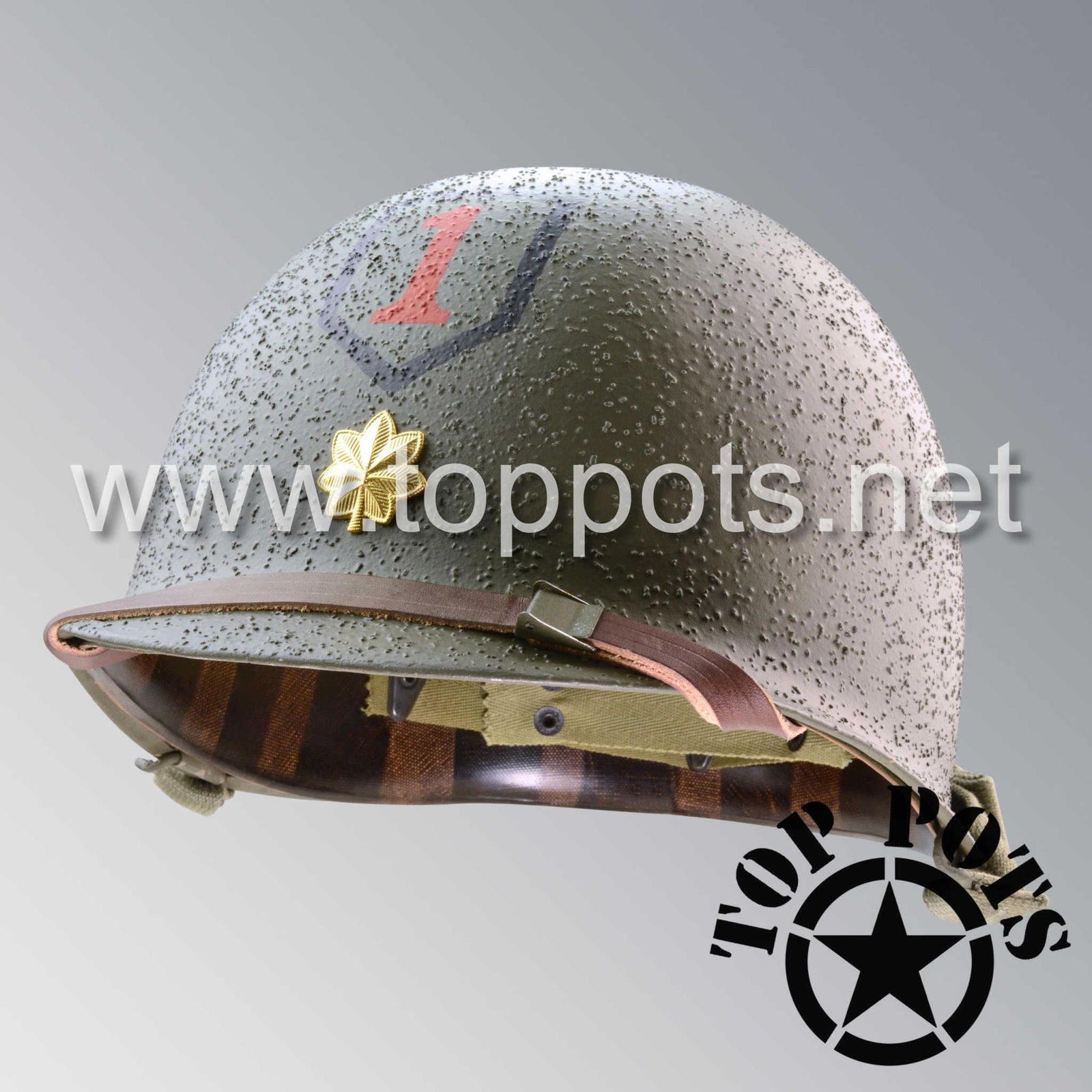 WWII US Army Restored Original M1 Infantry Helmet Swivel Bale Shell and Liner with 1st Infantry Division Major Rank and Leadership Stripe