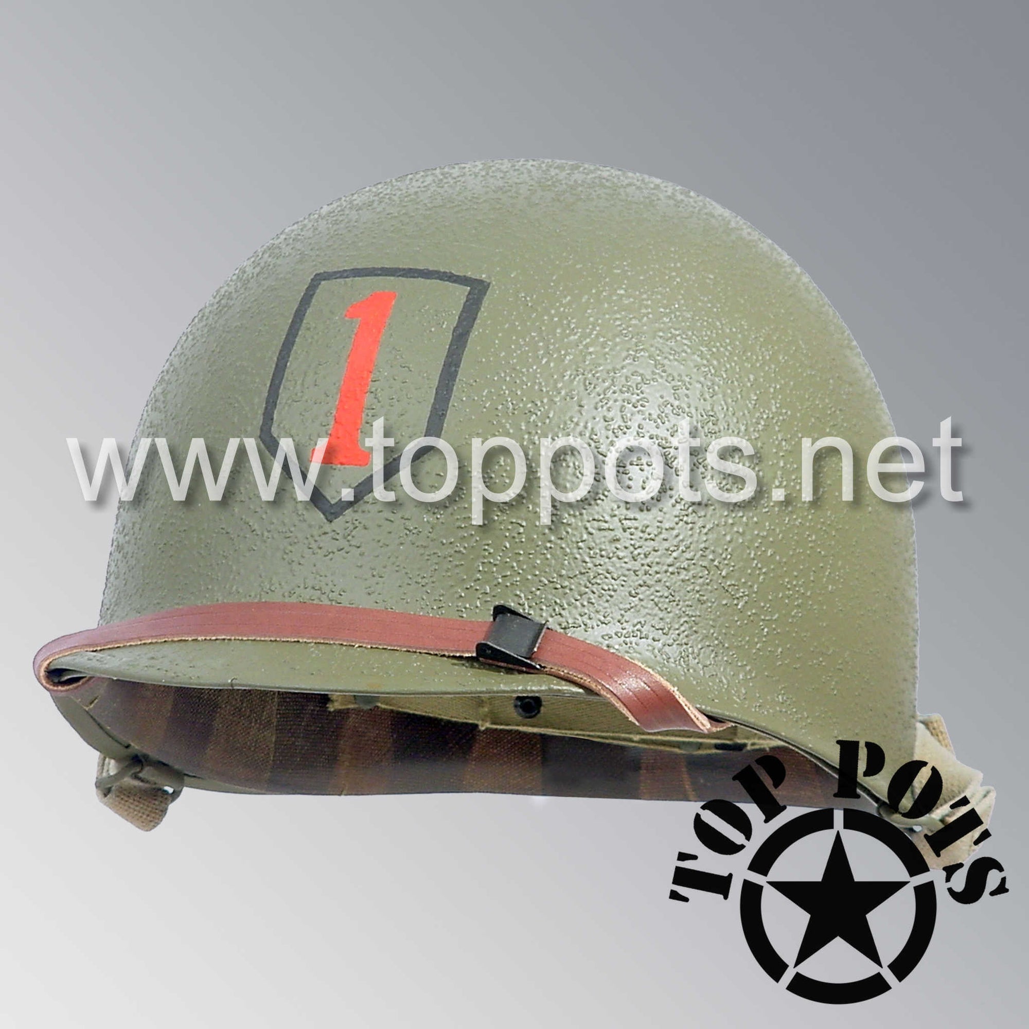 WWII US Army Restored Original M1 Infantry Helmet Swivel Bale Shell and Liner with 1st Infantry Division Emblem