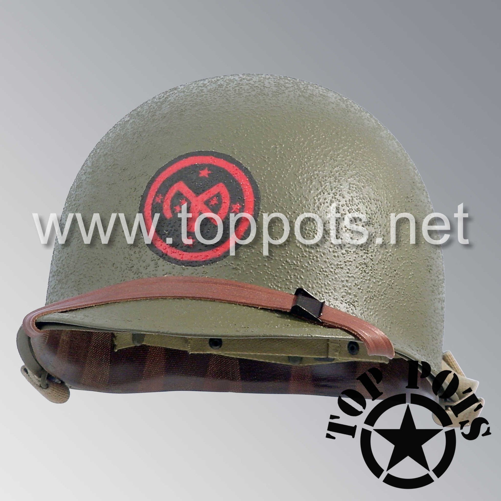 WWII US Army Restored Original M1 Infantry Helmet Swivel Bale Shell and Liner with 27th Infantry Division Emblem