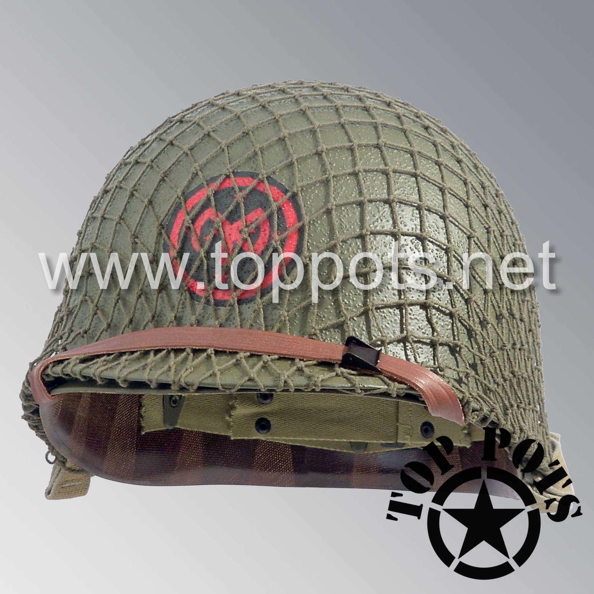 WWII US Army Restored Original M1 Infantry Helmet Swivel Bale Shell and Liner with 27th Infantry Division Emblem and OD 7 Net