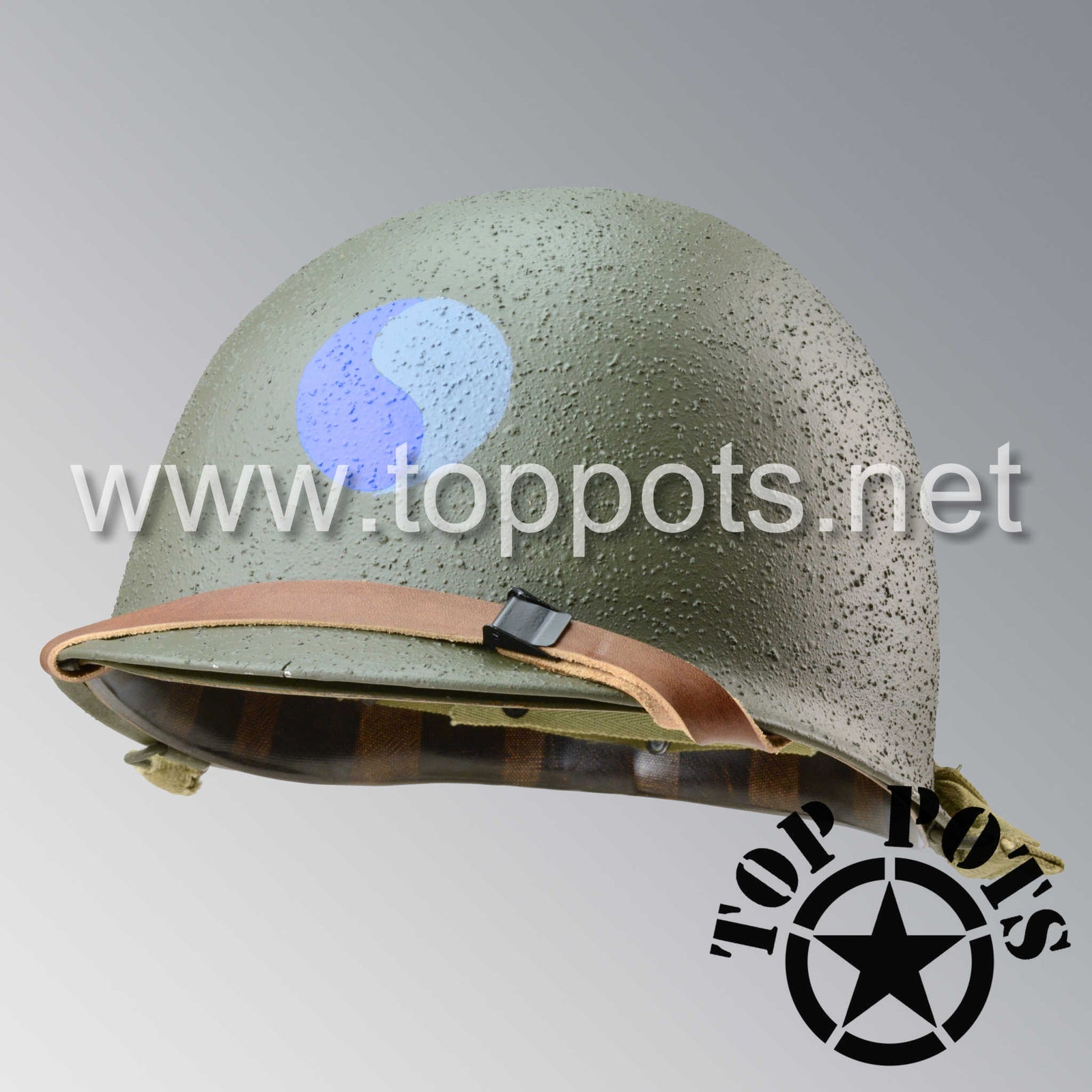 WWII US Army Restored Original M1 Infantry Helmet Swivel Bale Shell and Liner with 29th Infantry Division Emblem - Saving Private Ryan