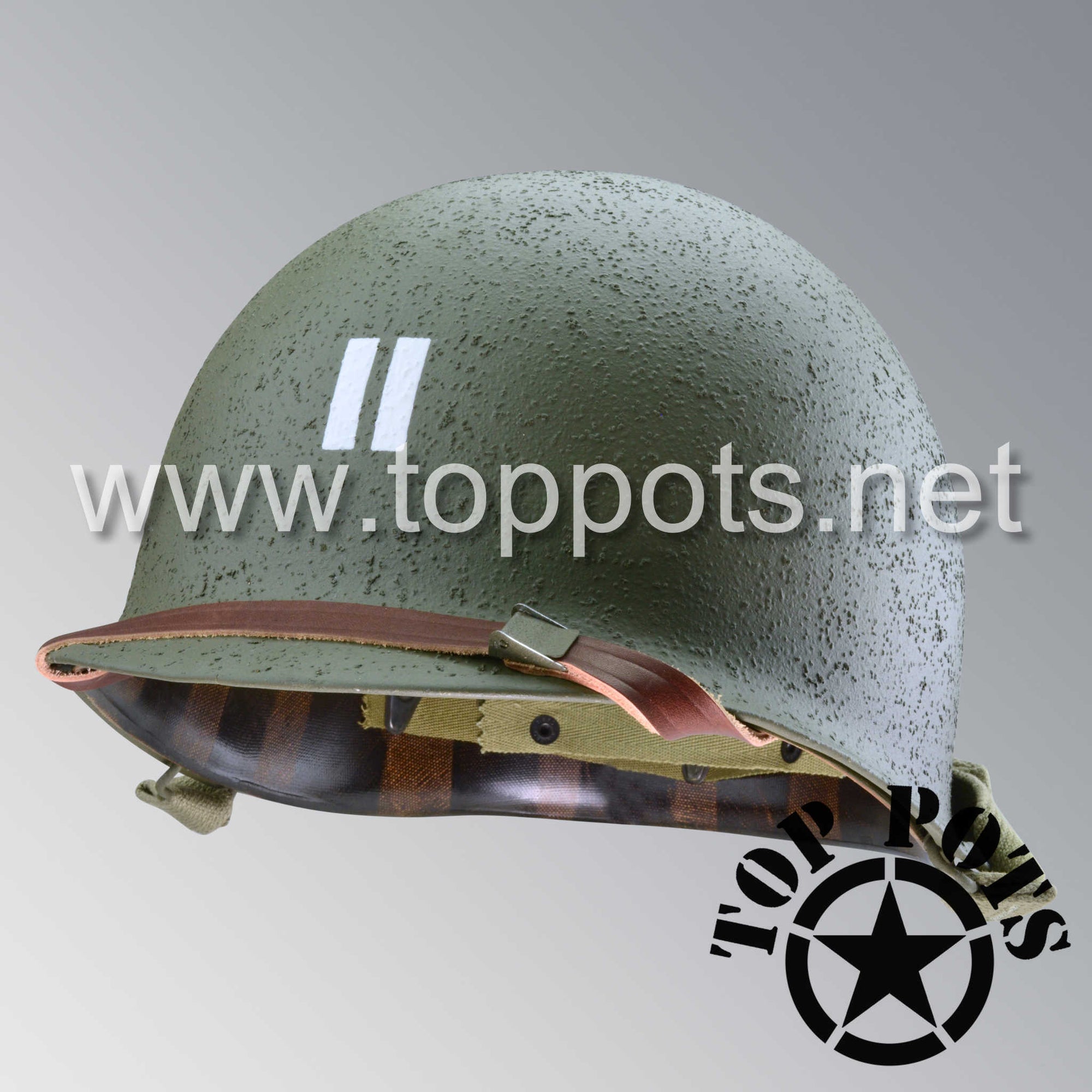 WWII US Army Restored Original M1 Infantry Helmet Swivel Bale Shell and Liner with Captain Rank and Leadership Stripe - No Connector Bars