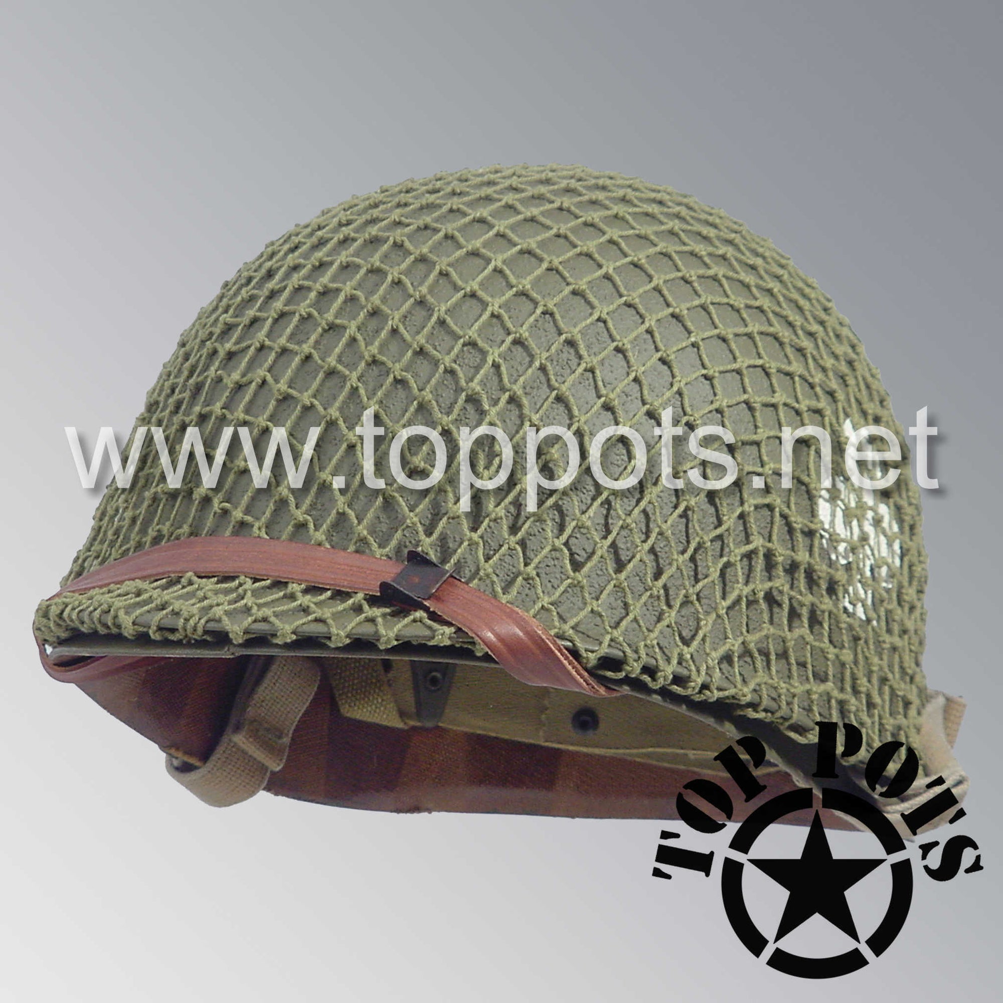 WWII US Army Restored Original M1 Infantry Helmet Swivel Bale Shell and Liner with 327th Glider Infantry GIR Emblem with Net