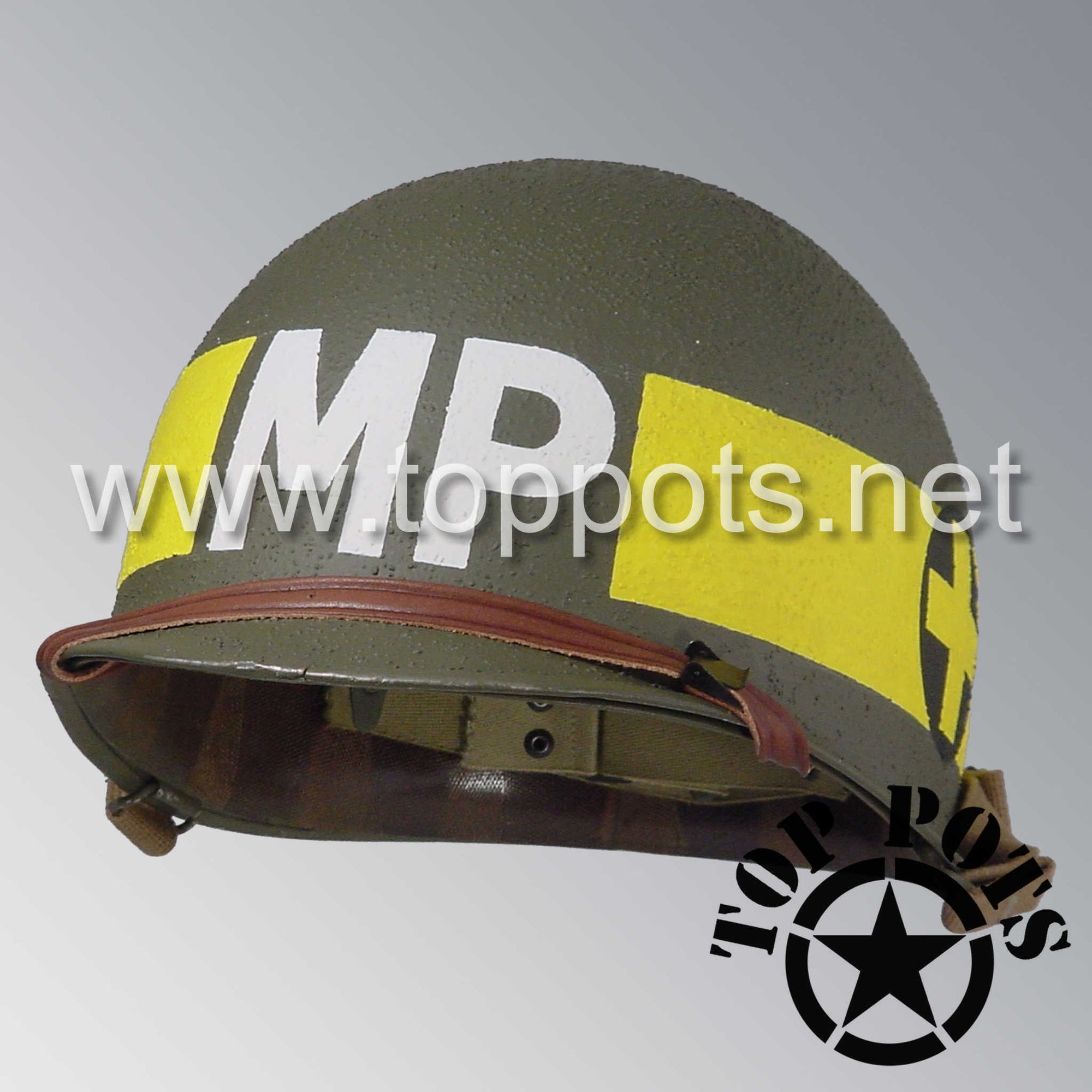 WWII US Army Restored Original M1 Infantry Helmet Swivel Bale Shell and Liner with 33rd Infantry Division Military Police Divisional MP Emblem