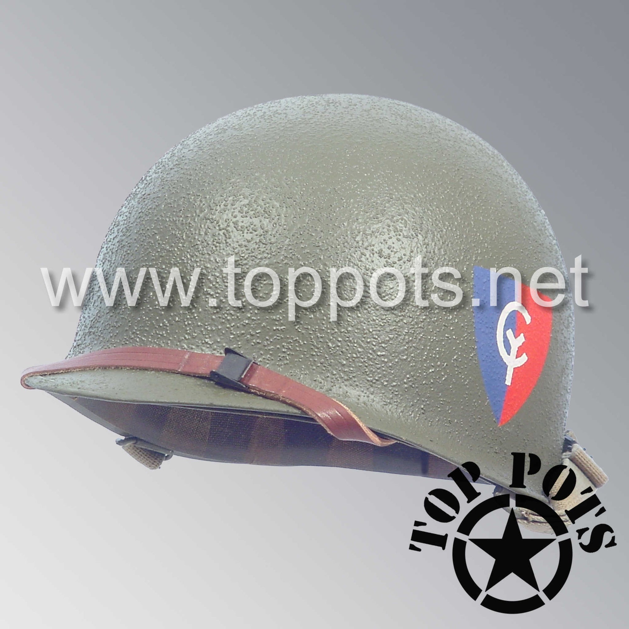 WWII US Army Restored Original M1 Infantry Helmet Swivel Bale Shell and Liner with 38th Infantry Division Emblem