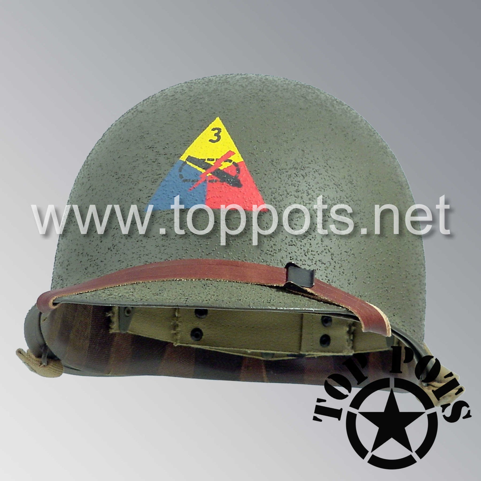 WWII US Army Restored Original M1 Infantry Helmet Swivel Bale Shell and Liner with 3rd Armored Division Emblem