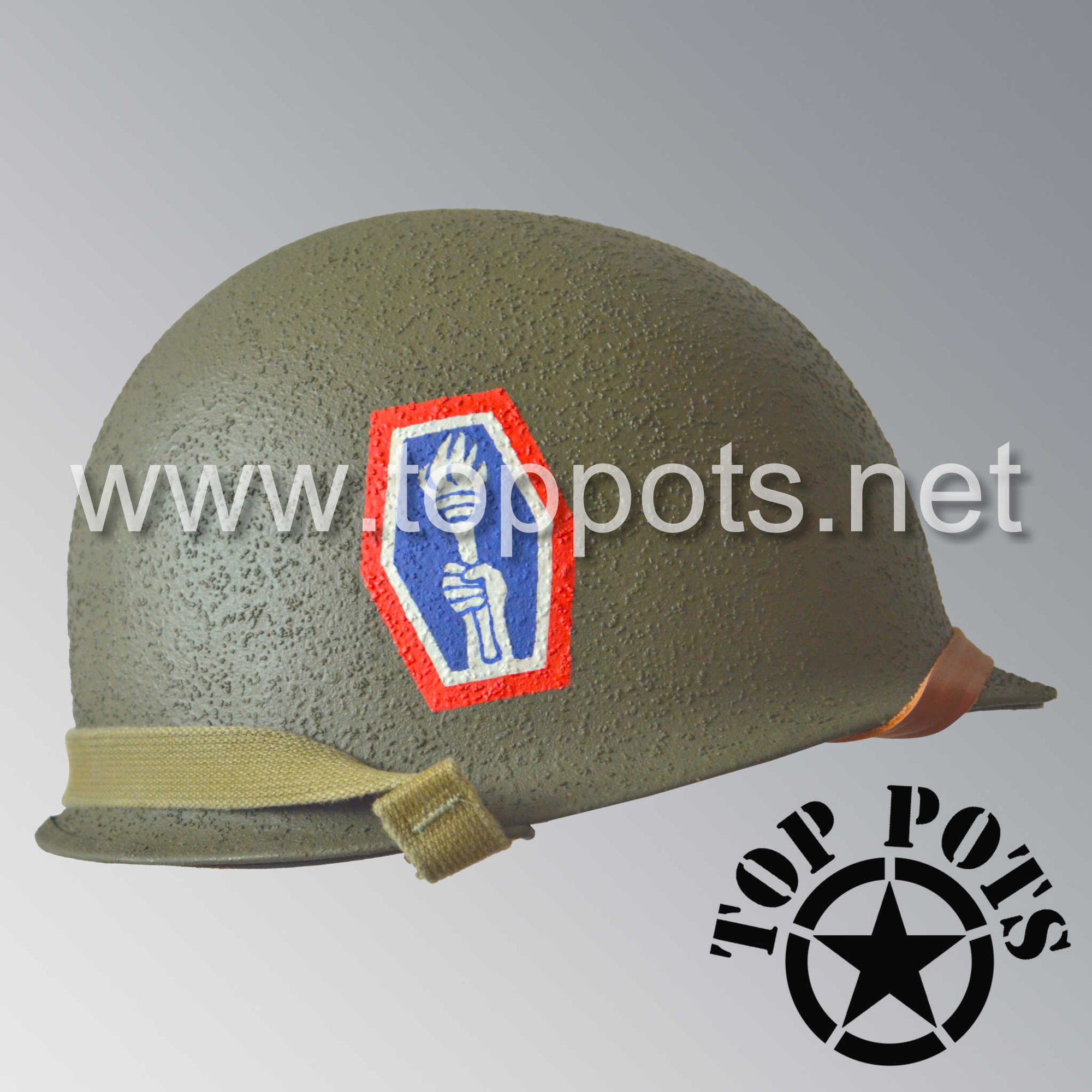 WWII US Army Restored Original M1 Infantry Helmet Swivel Bale Shell and Liner with 442nd Infantry Division Emblem