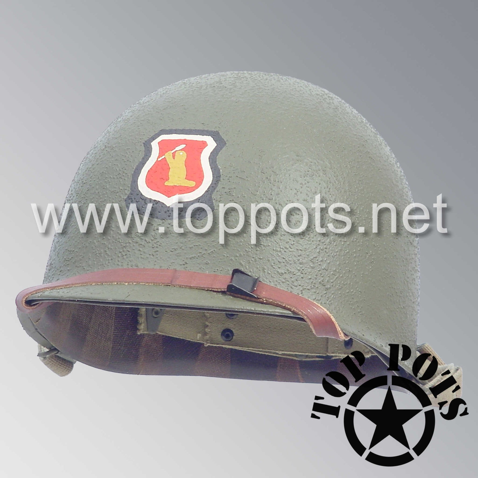 WWII US Army Restored Original M1 Infantry Helmet Swivel Bale Shell and Liner with 998th Engineer Regiment Emblem