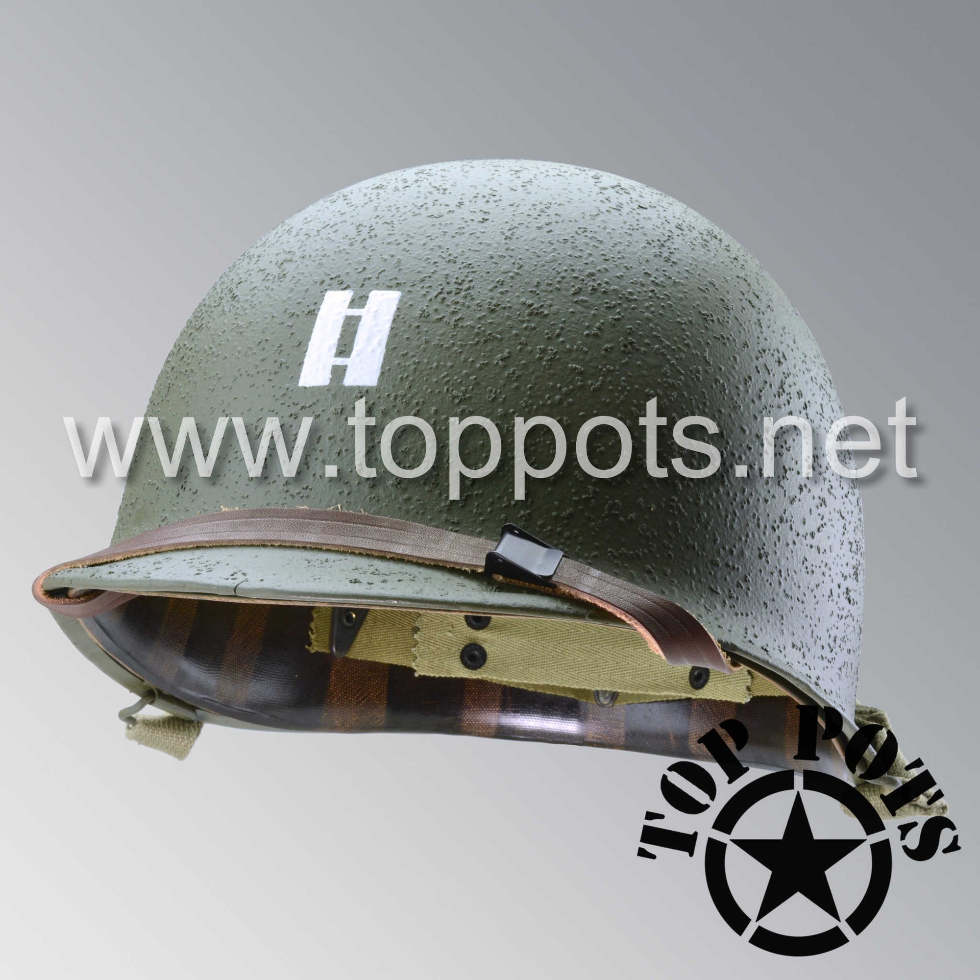 WWII US Army Restored Original M1 Infantry Helmet Swivel Bale Shell and Liner with Captain Insignia and Leadership Stripe - McCord Shell