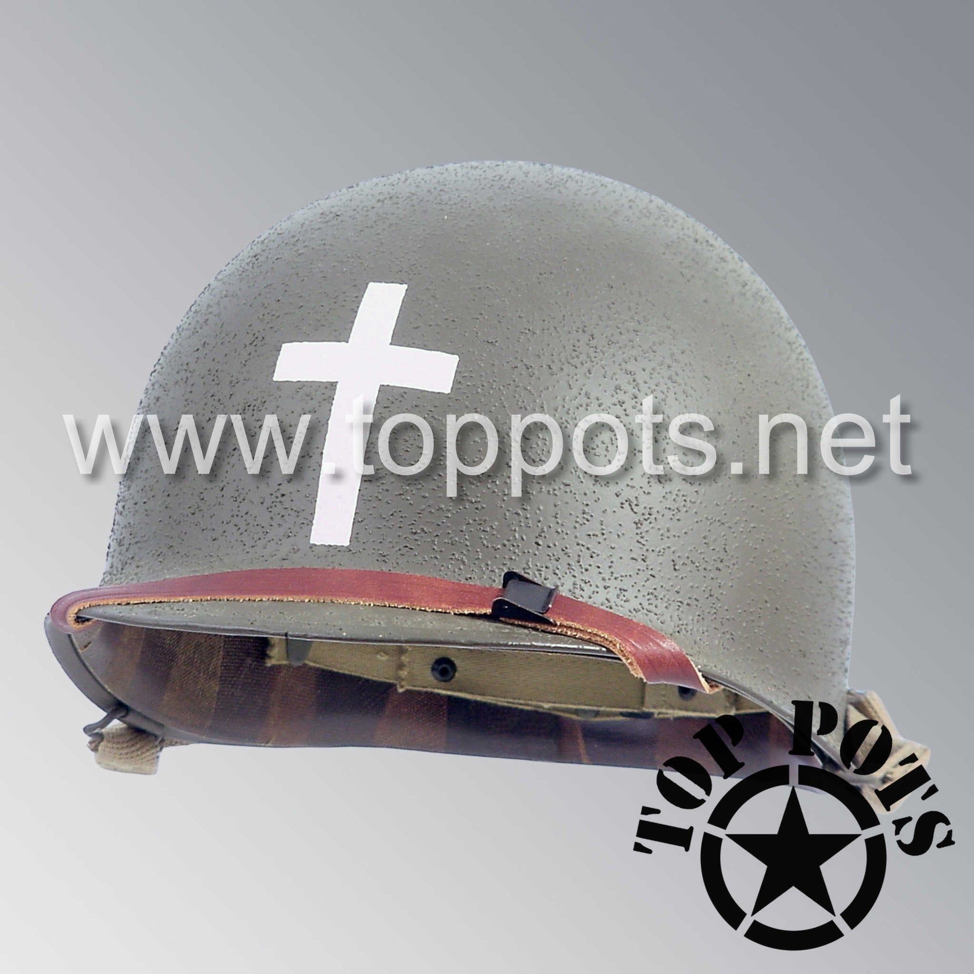 WWII US Army Restored Original M1 Infantry Helmet and Liner with Chaplain Officer Cross Emblem