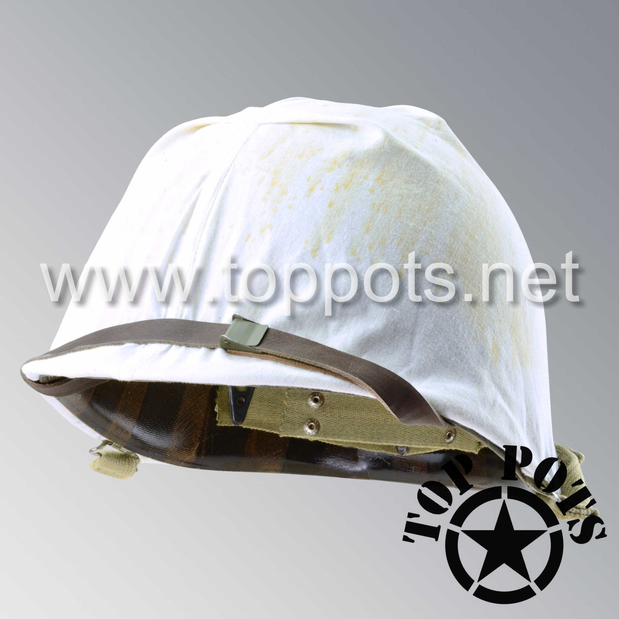 WWII US Army Restored Original M1 Infantry Helmet Swivel Bale Shell and Liner with Winter White Cover