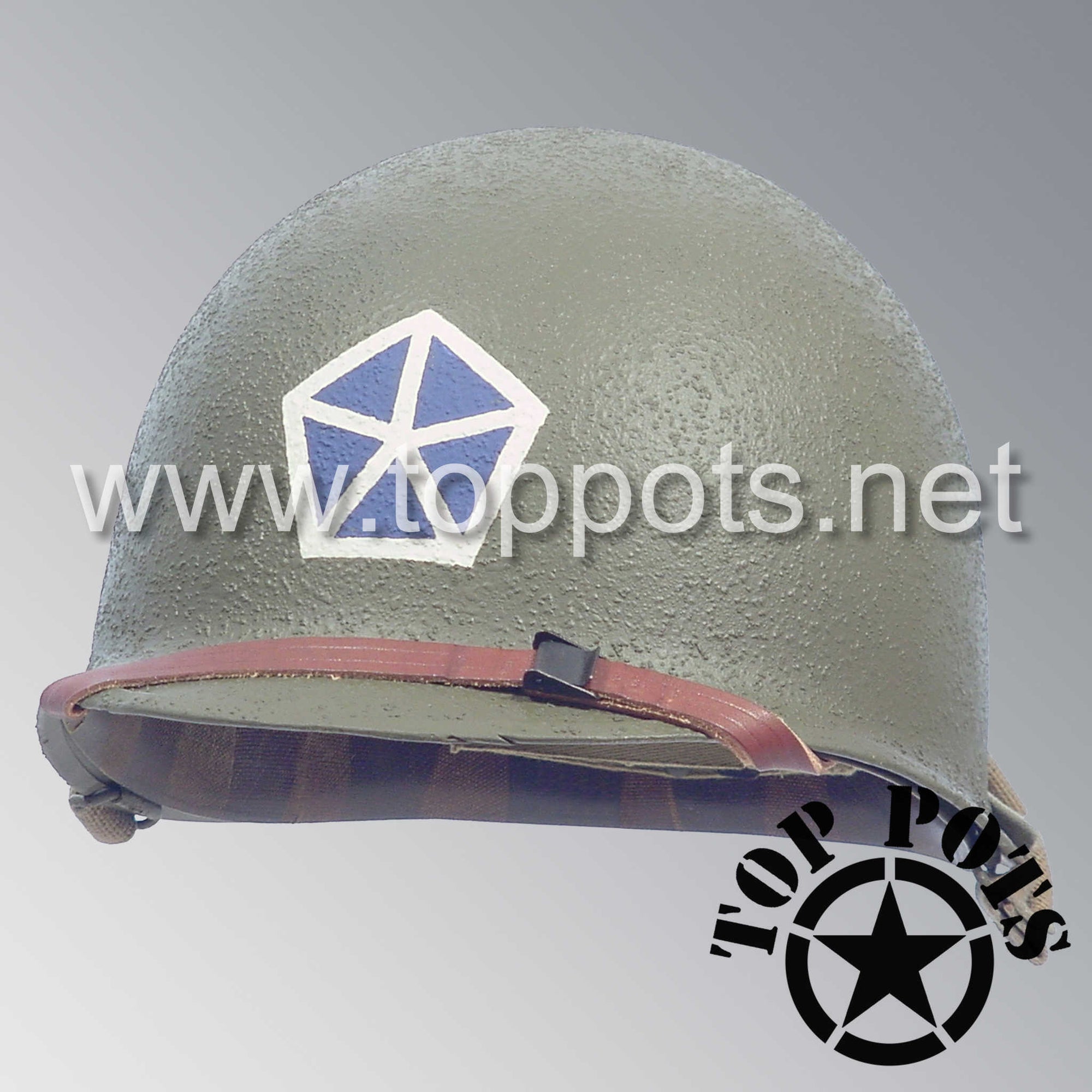 WWII US Army Restored Original M1 Infantry Helmet Swivel Bale Shell and Liner with Fifth V Corps Emblem
